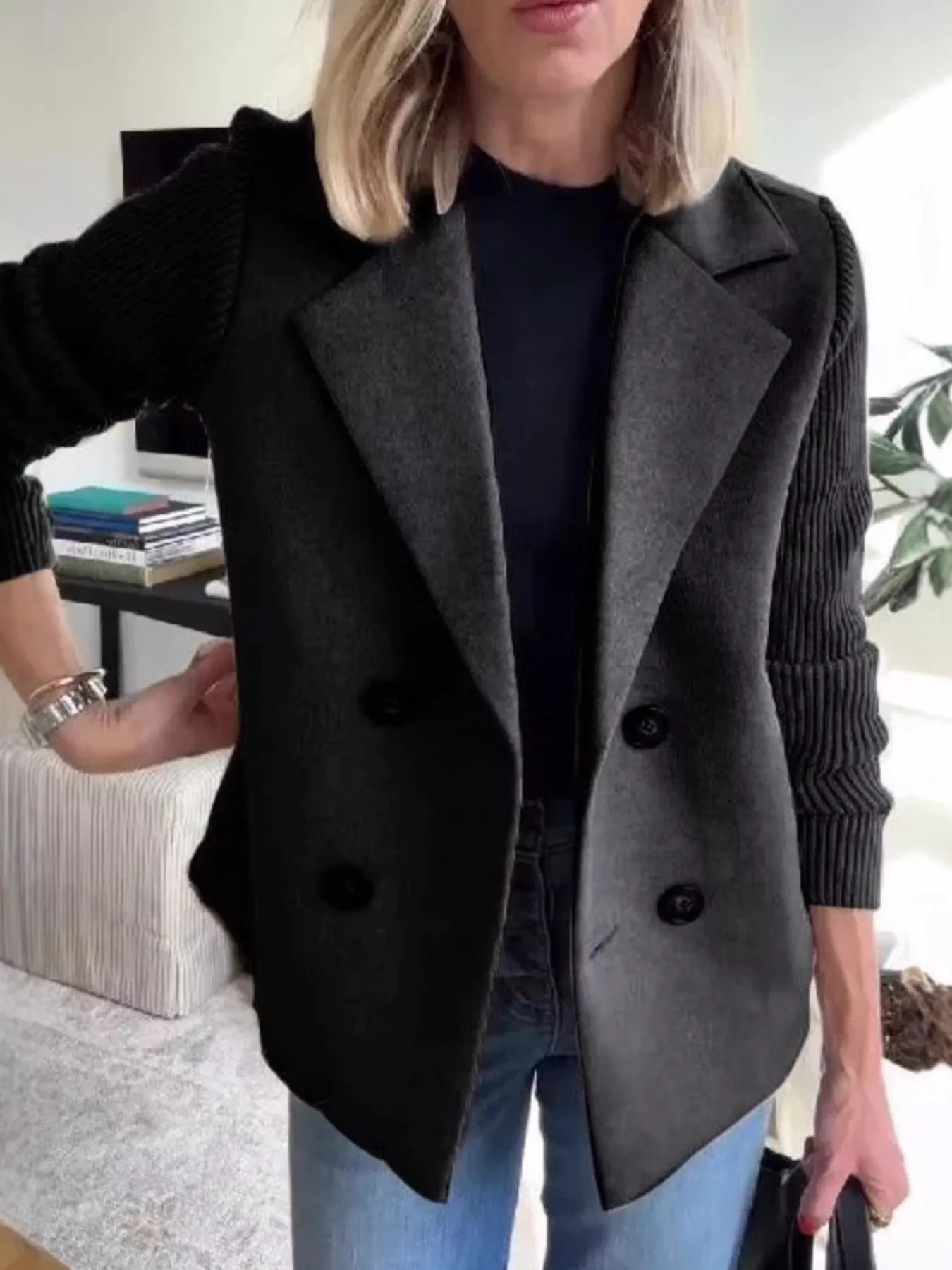 Full Size Knit Sleeve Double-Breasted Outerwear Plus Size - Image 4