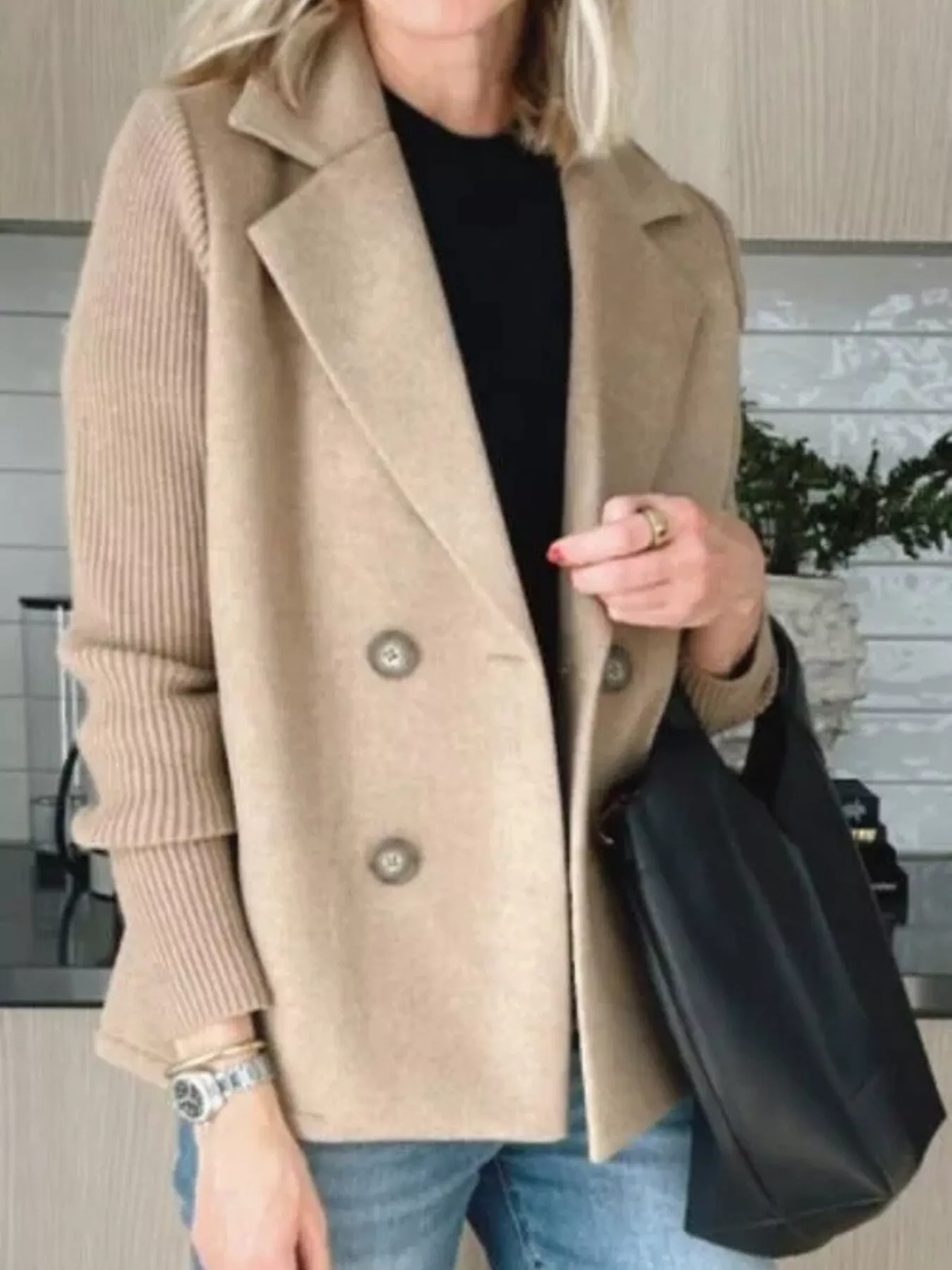 Full Size Knitted Sleeve Wool Blend Double-Breasted Blazer Plus Size - Image 4