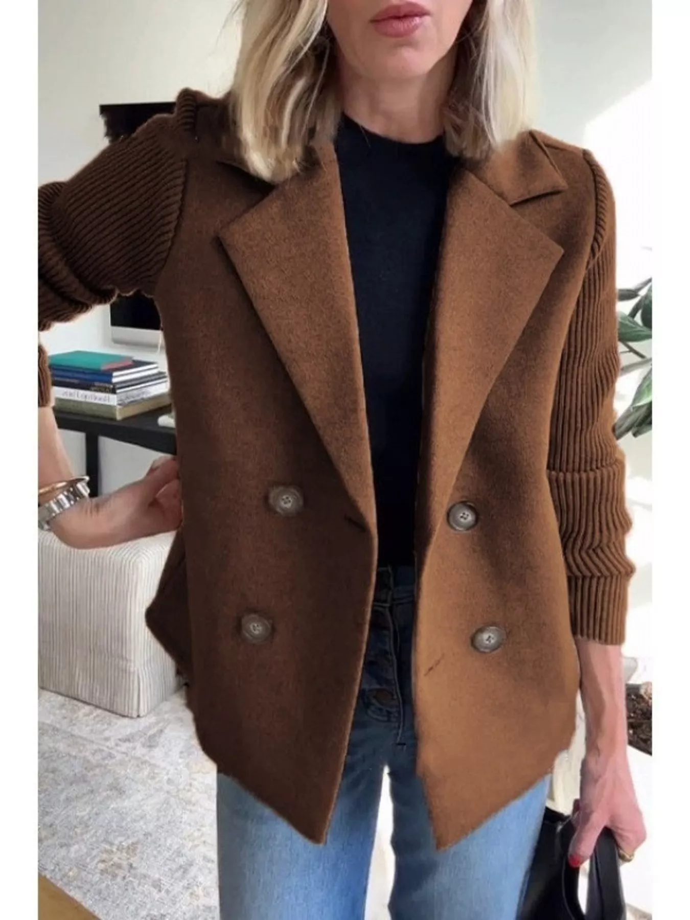 Full Size Knitted Sleeve Wool Blend Double-Breasted Blazer Plus Size - Image 7