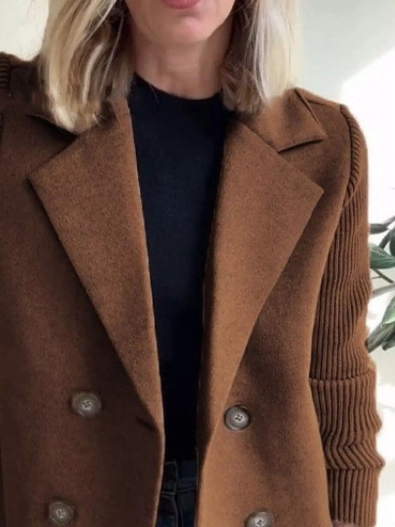 Full Size Knitted Sleeve Wool Blend Double-Breasted Blazer Plus Size - Image 9