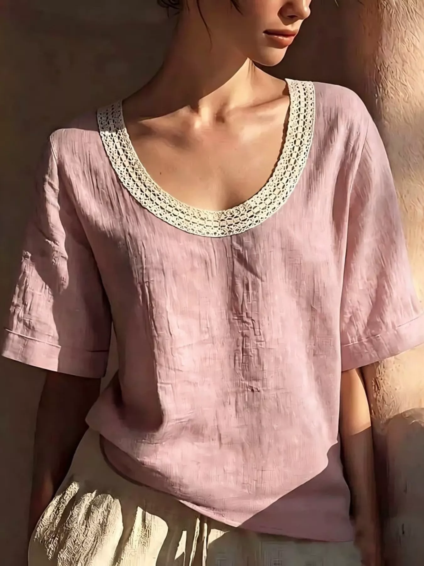 Full Size Lace Trim Short Sleeve Blouse Plus Size - Image 4
