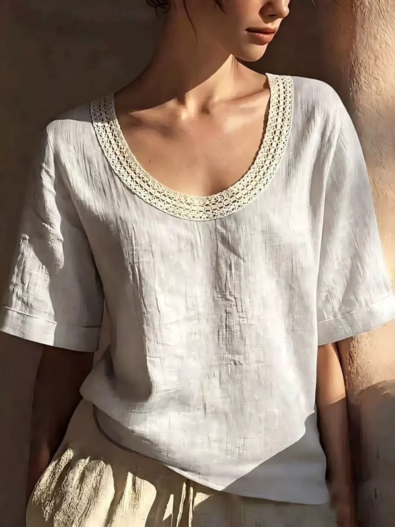 Full Size Lace Trim Short Sleeve Blouse Plus Size - Image 5