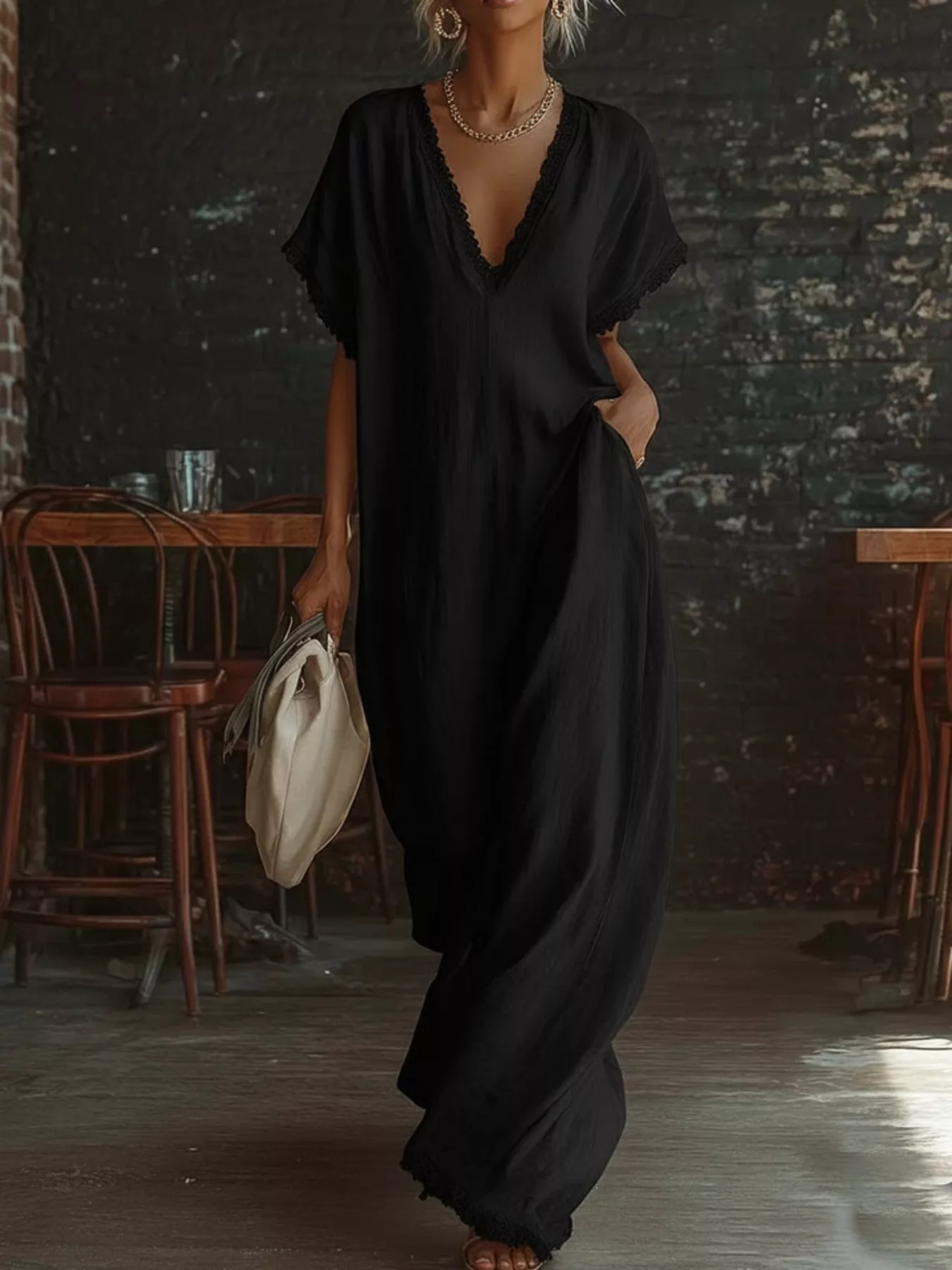 Full Size Lace Trim V-Neck Maxi Dress Plus Size - Image 3