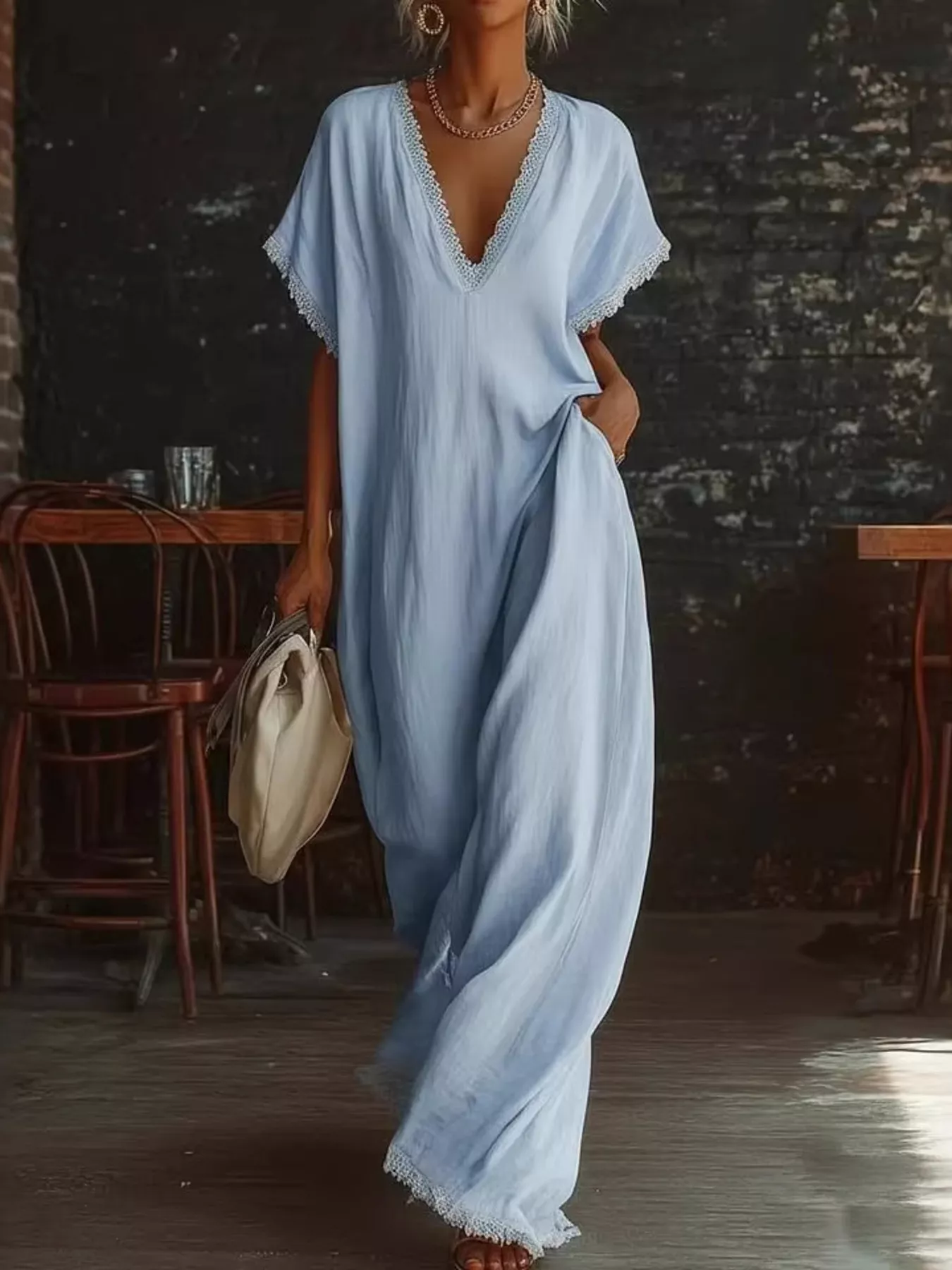 Full Size Lace Trim V-Neck Maxi Dress Plus Size - Image 4