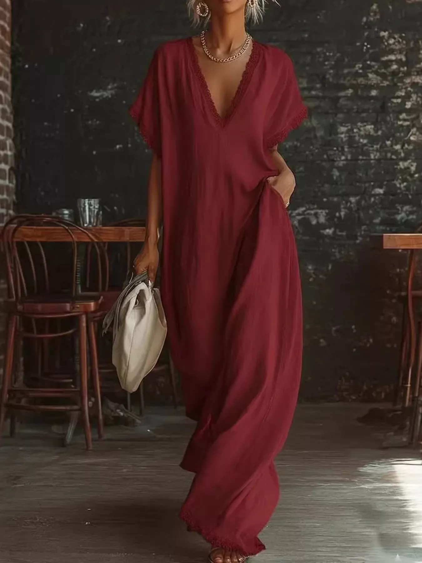 Full Size Lace Trim V-Neck Maxi Dress Plus Size - Image 5