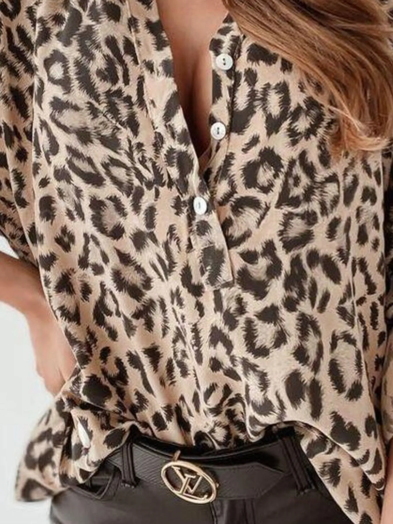 Full Size Leopard Print Roll-Tab Sleeves Blouse Plus Size - Image 3
