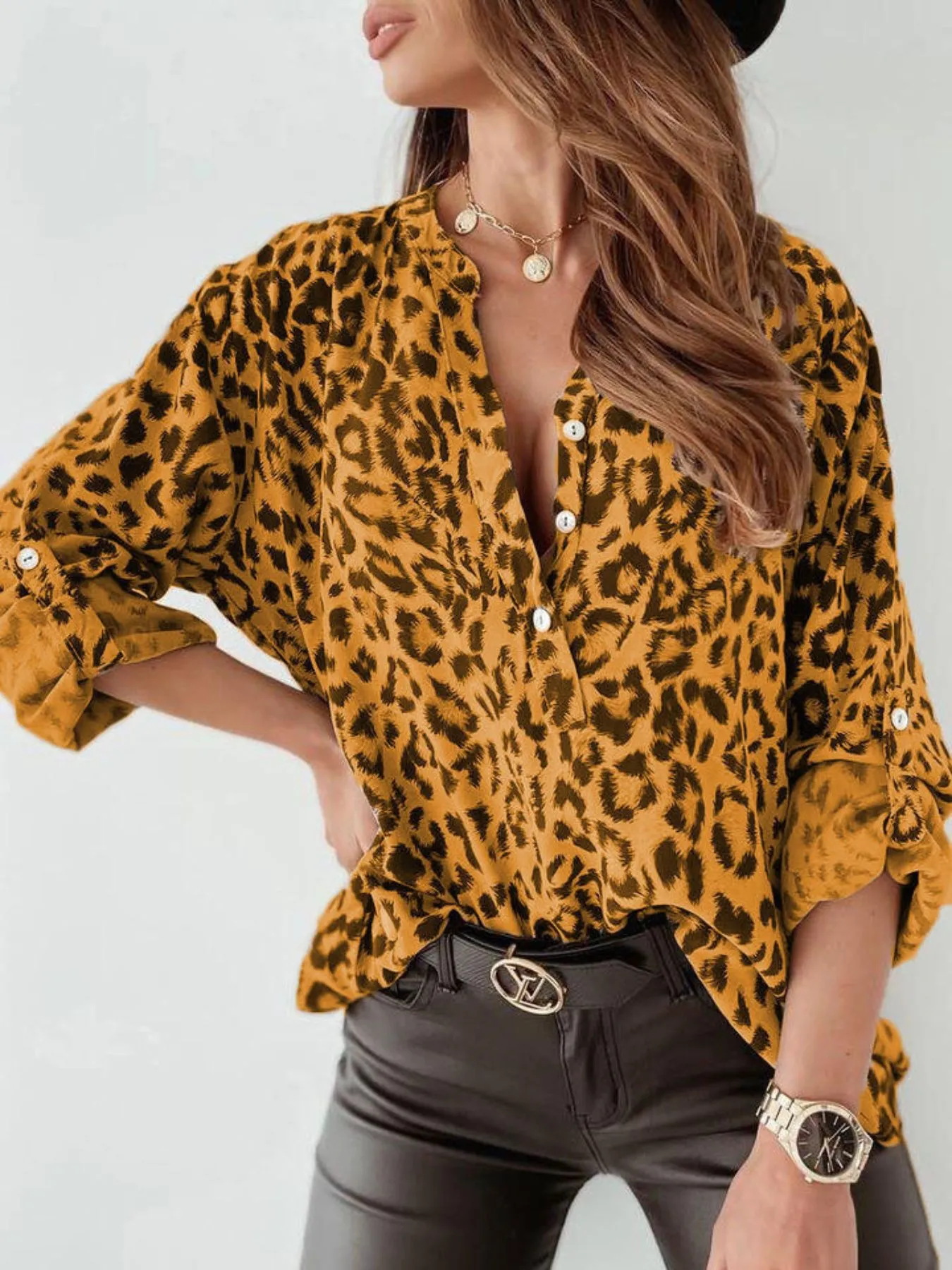 Full Size Leopard Print Roll-Tab Sleeves Blouse Plus Size - Image 4