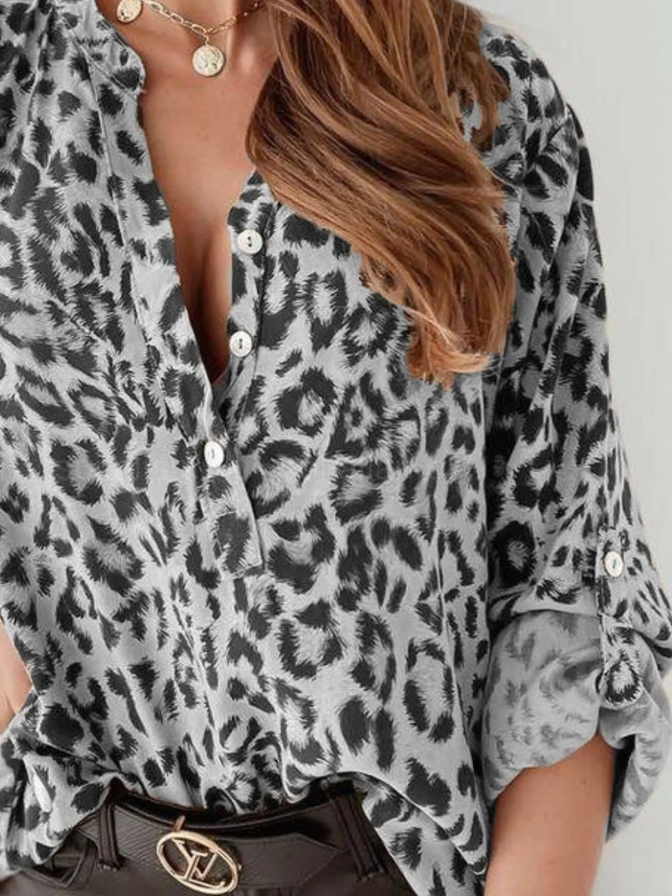 Full Size Leopard Print Roll-Tab Sleeves Blouse Plus Size - Image 9