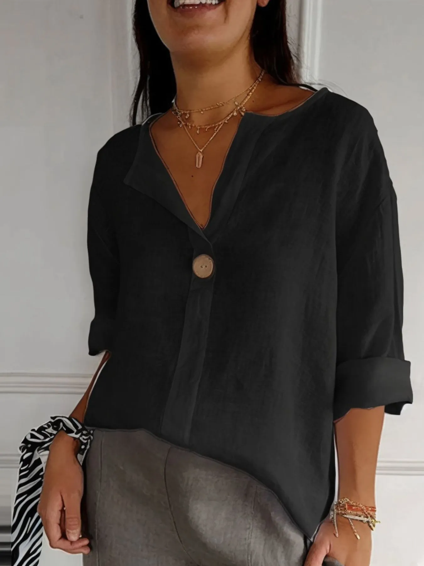 Full Size Linen Blend Notched Blouse Plus Size - Image 4