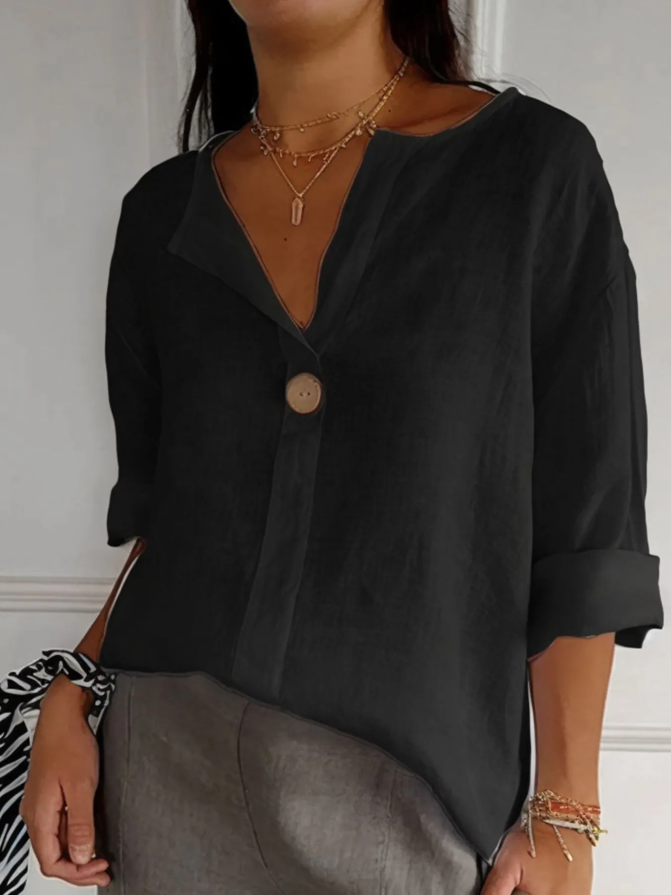 Full Size Linen Blend Notched Blouse Plus Size - Image 5