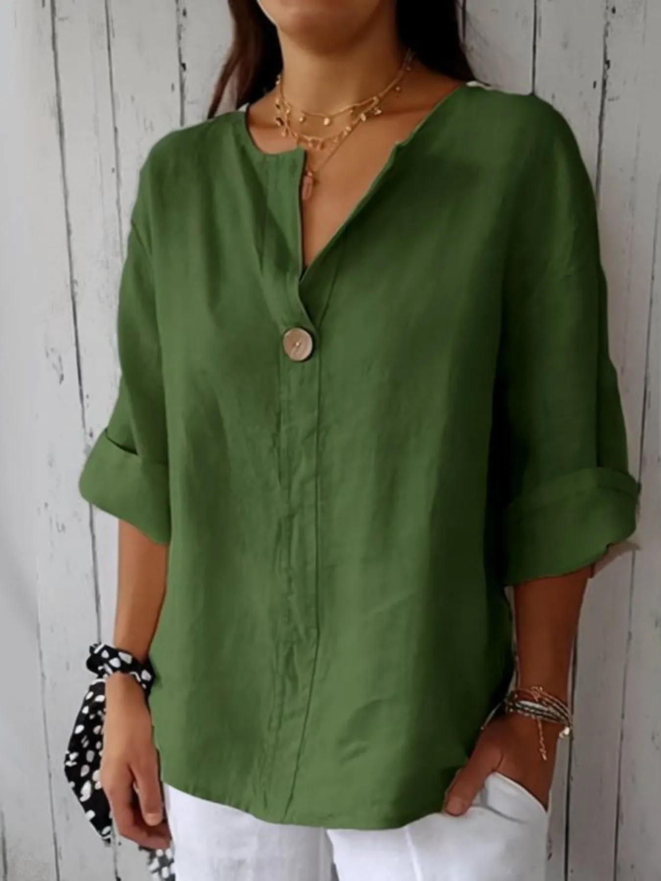 Full Size Linen Blend Notched Blouse Plus Size - Image 7