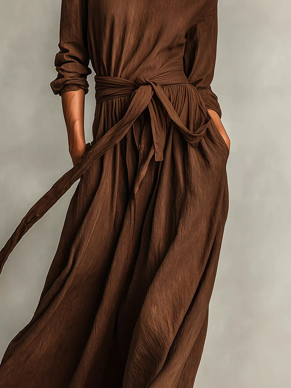 Full Size Long Sleeve Tie Waist Maxi Dress Plus Size - Image 3