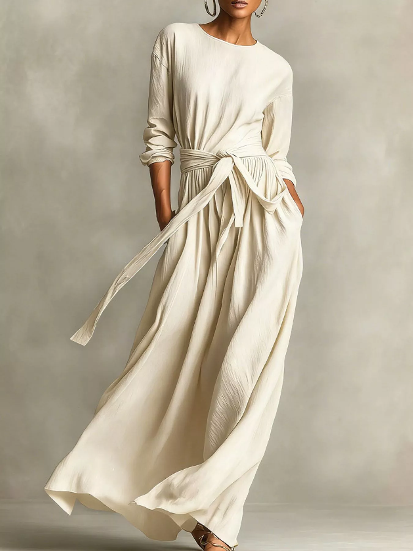 Full Size Long Sleeve Tie Waist Maxi Dress Plus Size - Image 4