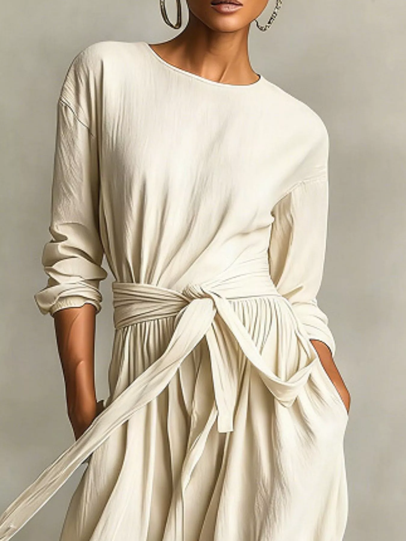 Full Size Long Sleeve Tie Waist Maxi Dress Plus Size - Image 5