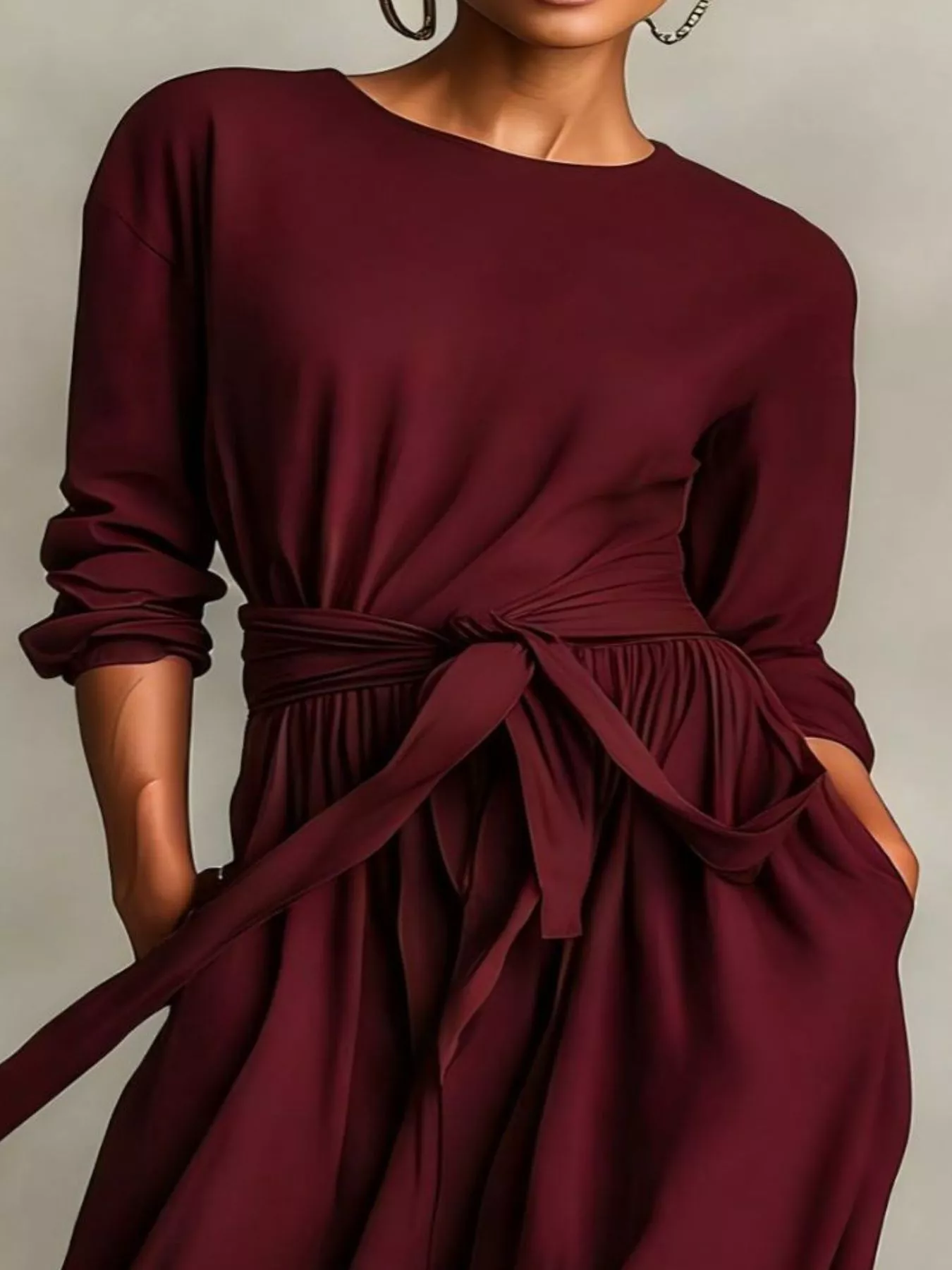 Full Size Long Sleeve Tie Waist Maxi Dress Plus Size - Image 8
