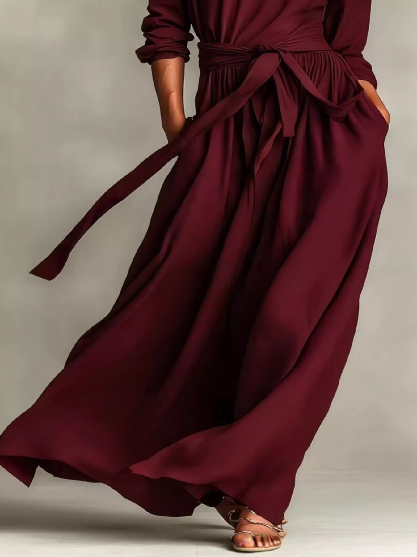 Full Size Long Sleeve Tie Waist Maxi Dress Plus Size - Image 9