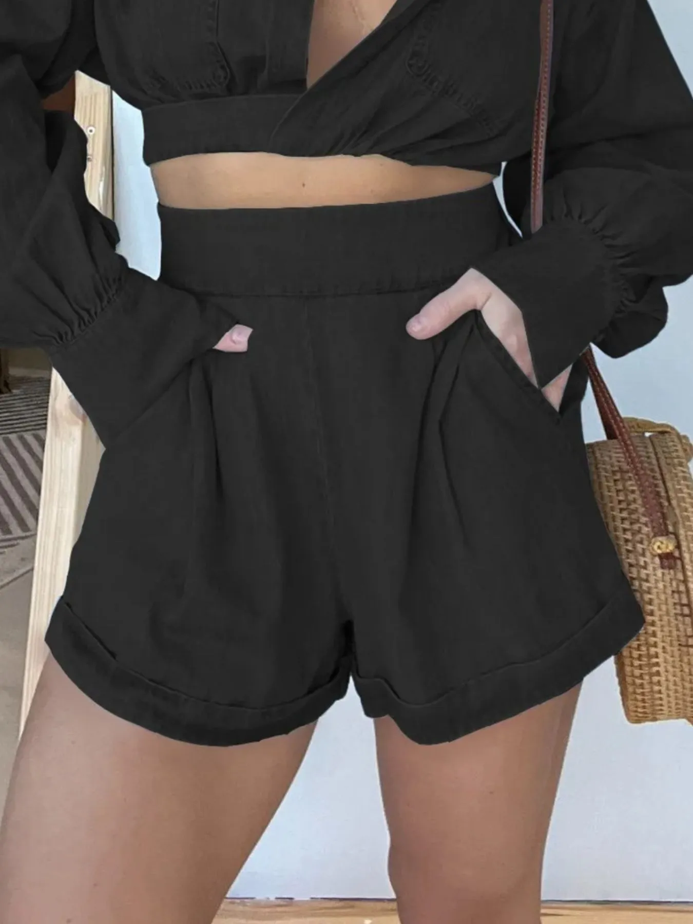 Full Size Long Sleeve Top and Shorts Denim Set Plus Size - Image 8