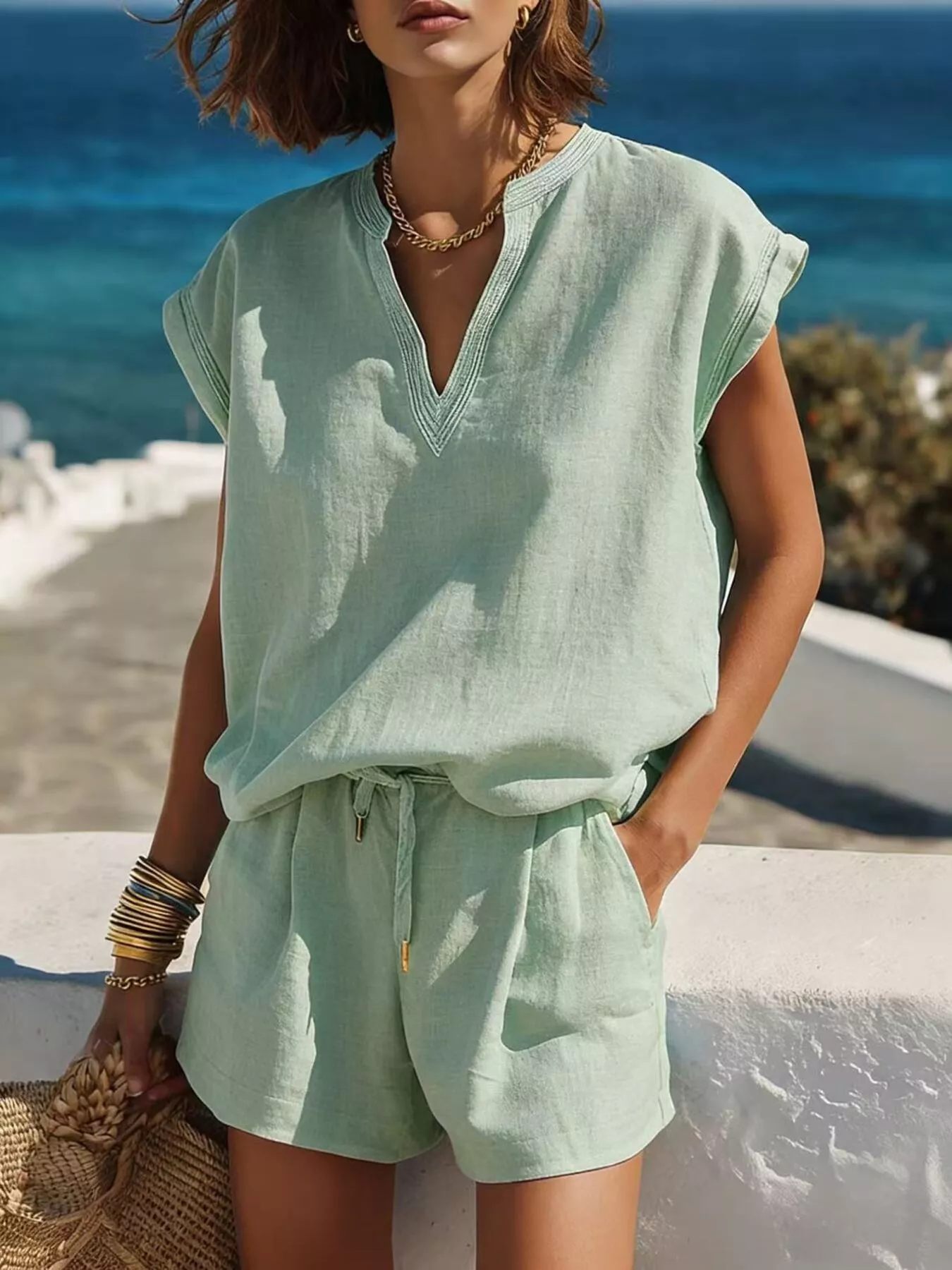 Full Size Notched Cap Sleeve Top and Shorts Set Plus Size - Image 6