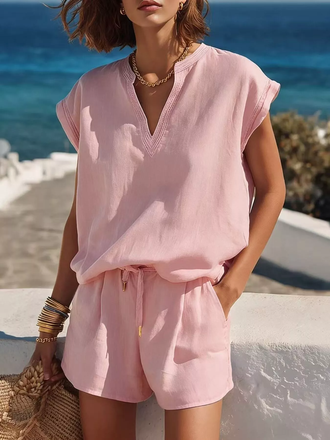 Full Size Notched Cap Sleeve Top and Shorts Set Plus Size - Image 7