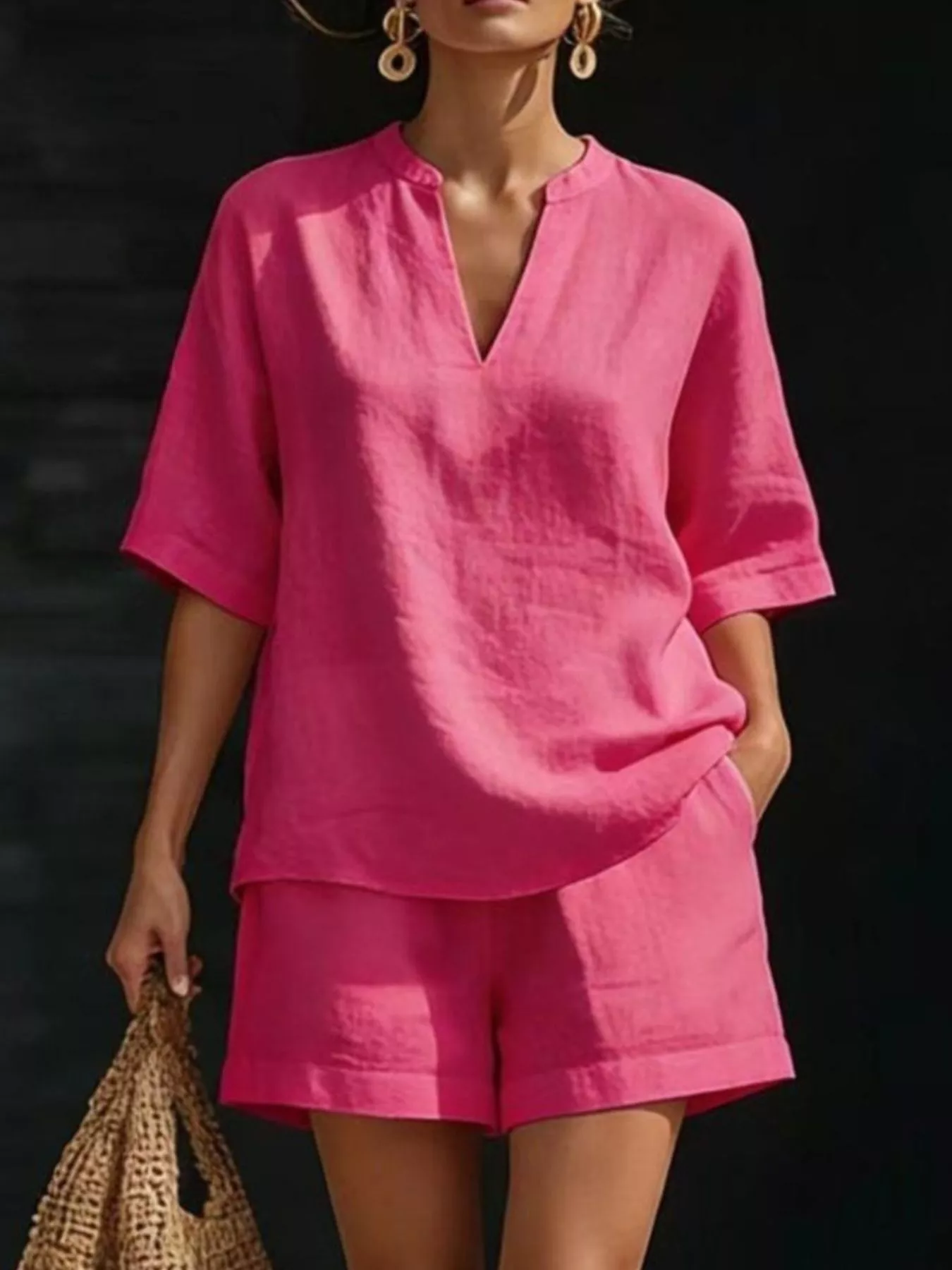 Full Size Notched Half Sleeve Top and Shorts Set Plus Size - Image 9