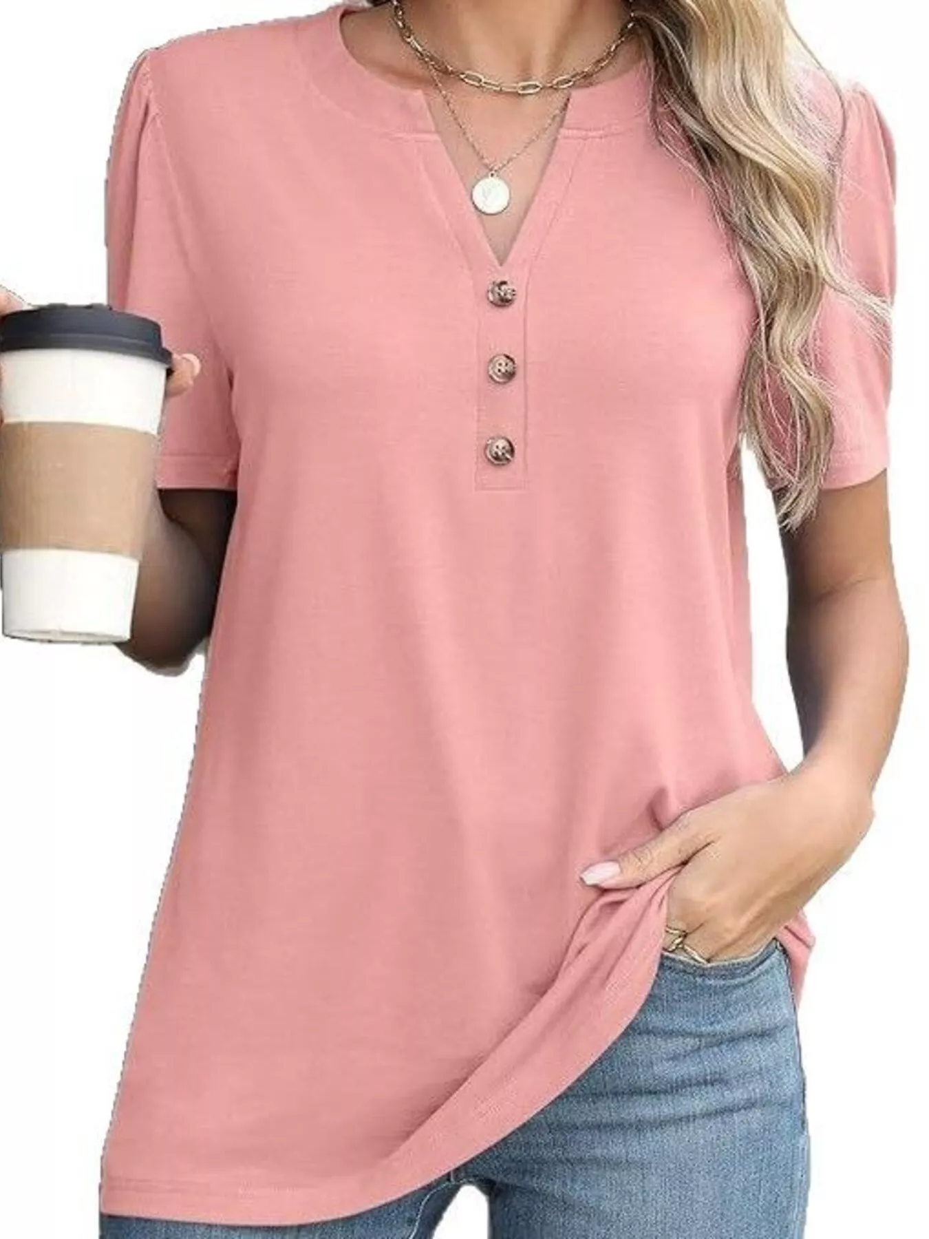 Full Size Notched Short Sleeve Blouse Plus Size - Image 11