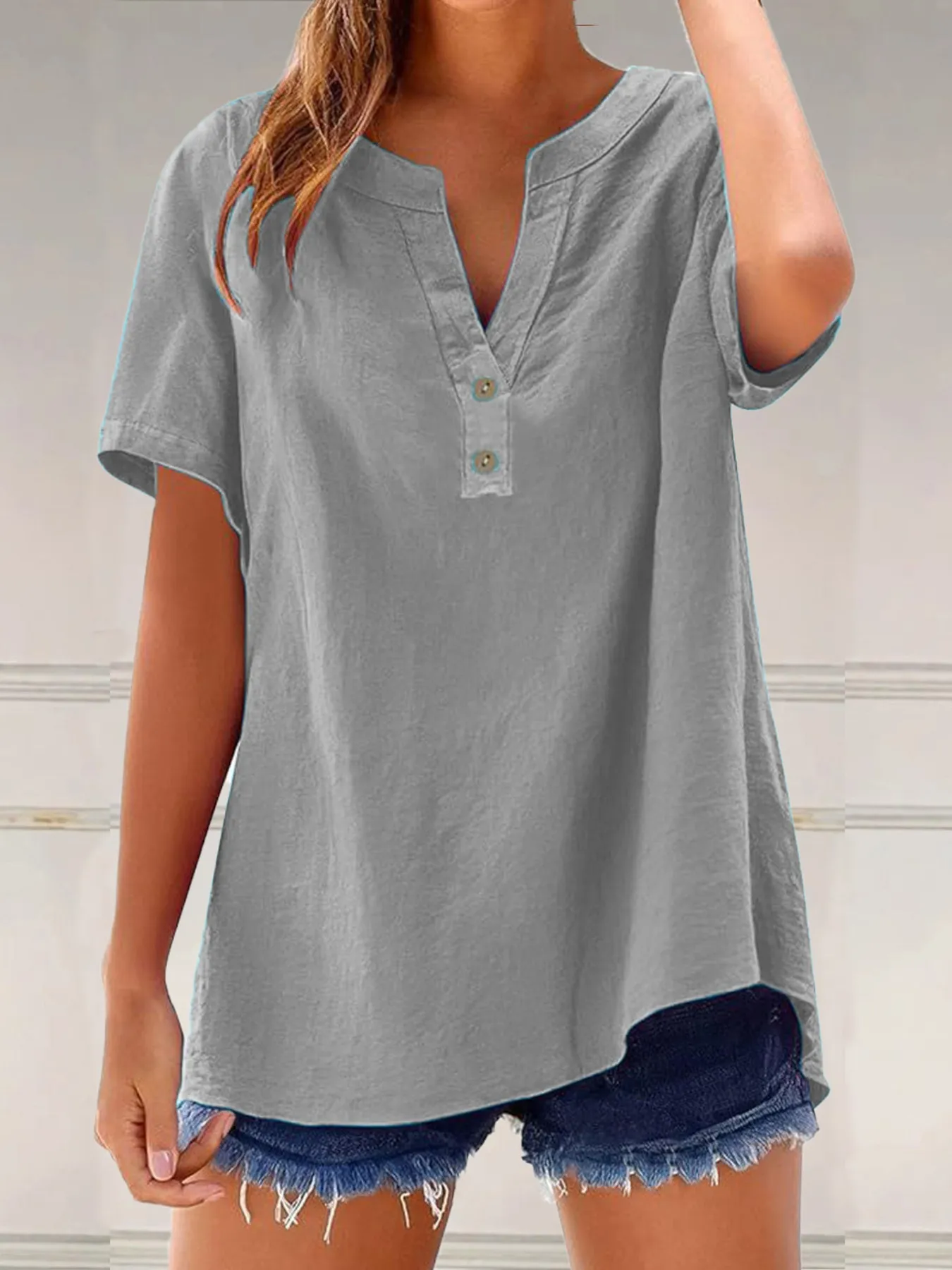 Full Size Notched Short Sleeve Blouse Plus Size - Image 16