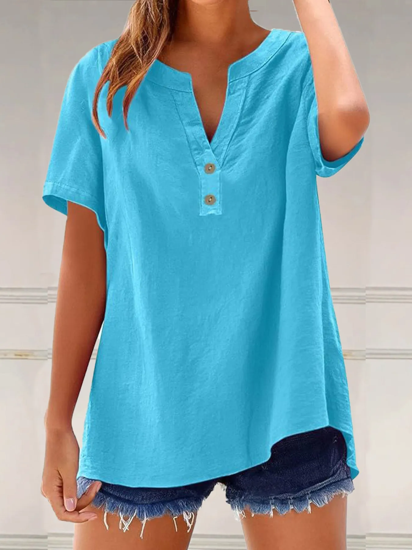 Full Size Notched Short Sleeve Blouse Plus Size - Image 4