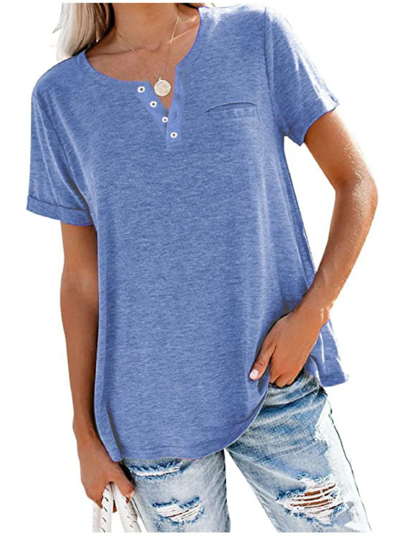 Full Size Notched Short Sleeve T-Shirt Plus Size - Image 16