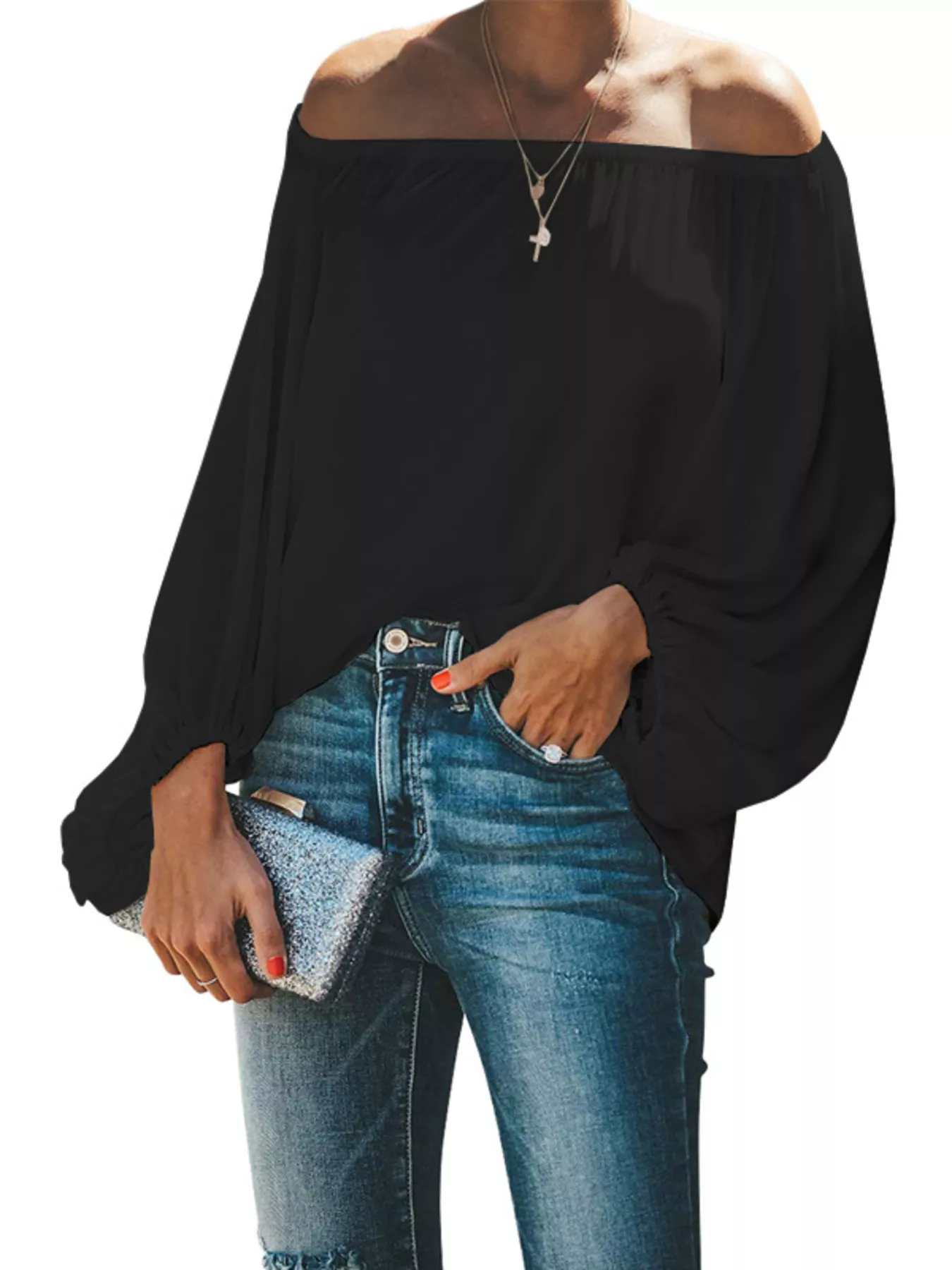 Full Size Off-Shoulder Balloon Sleeve Blouse Plus Size - Image 7