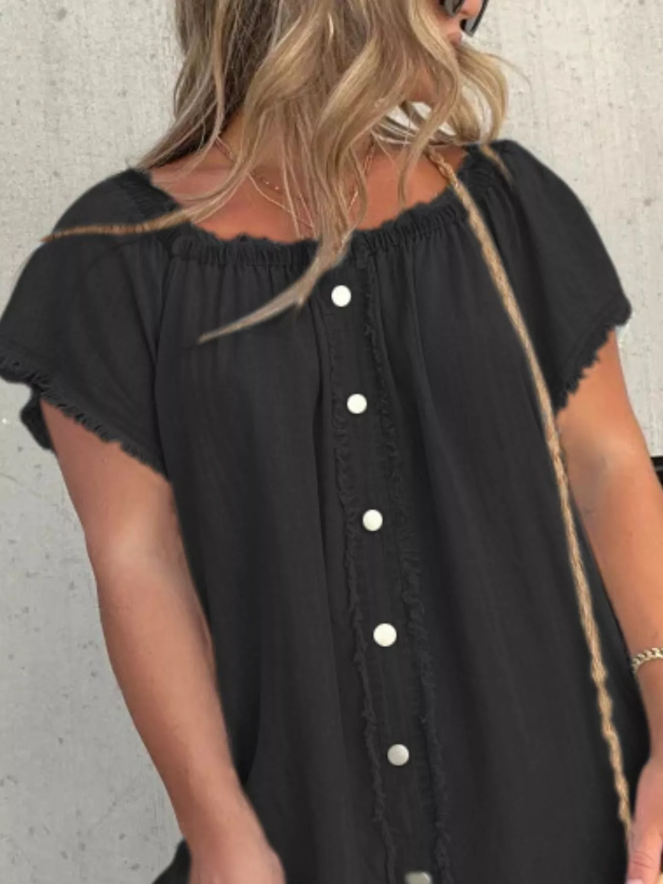 Full Size Off-Shoulder Button-Down Frayed Denim Dress Plus Size - Image 6