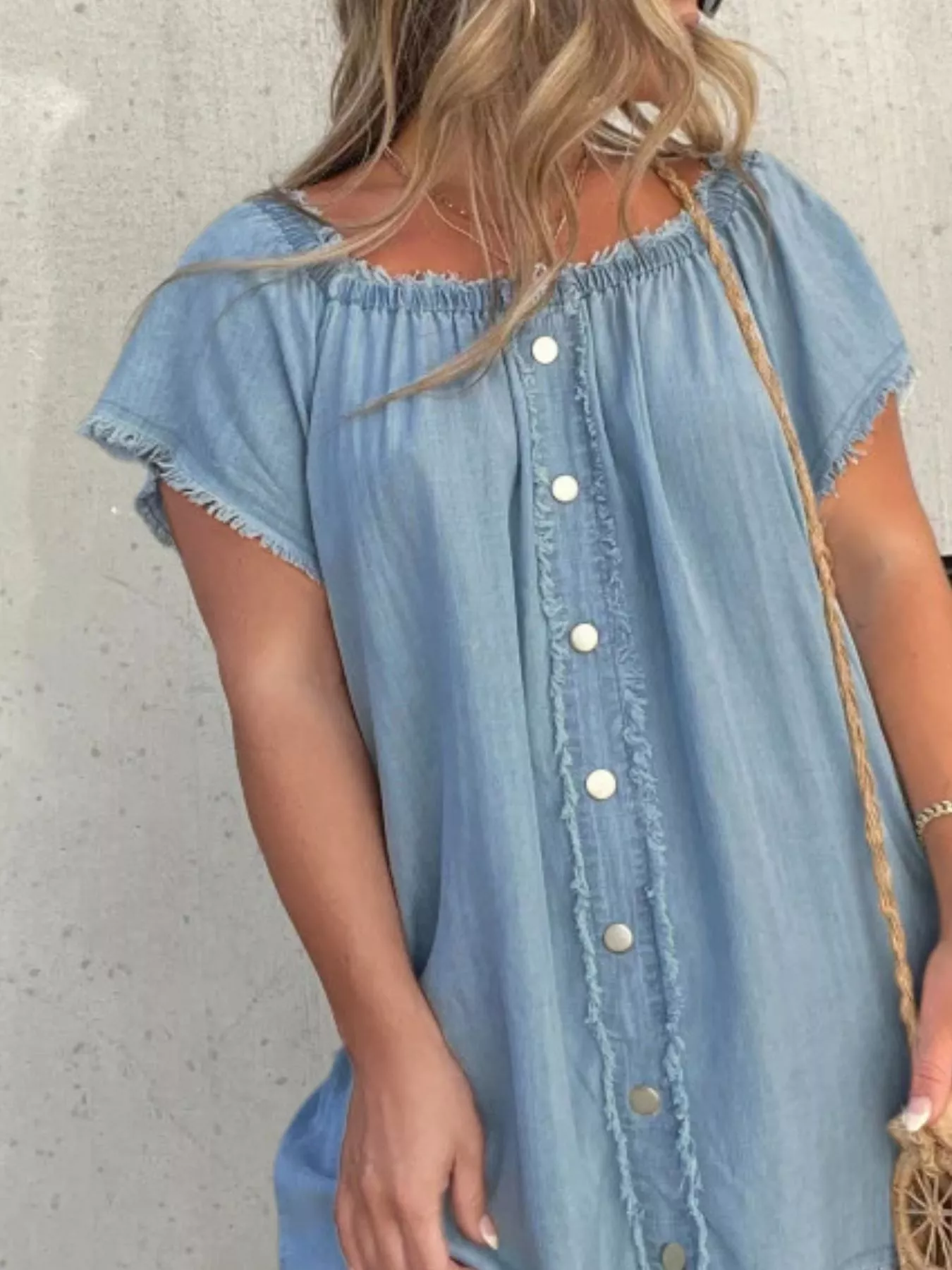 Full Size Off-Shoulder Button-Down Frayed Denim Dress Plus Size - Image 9