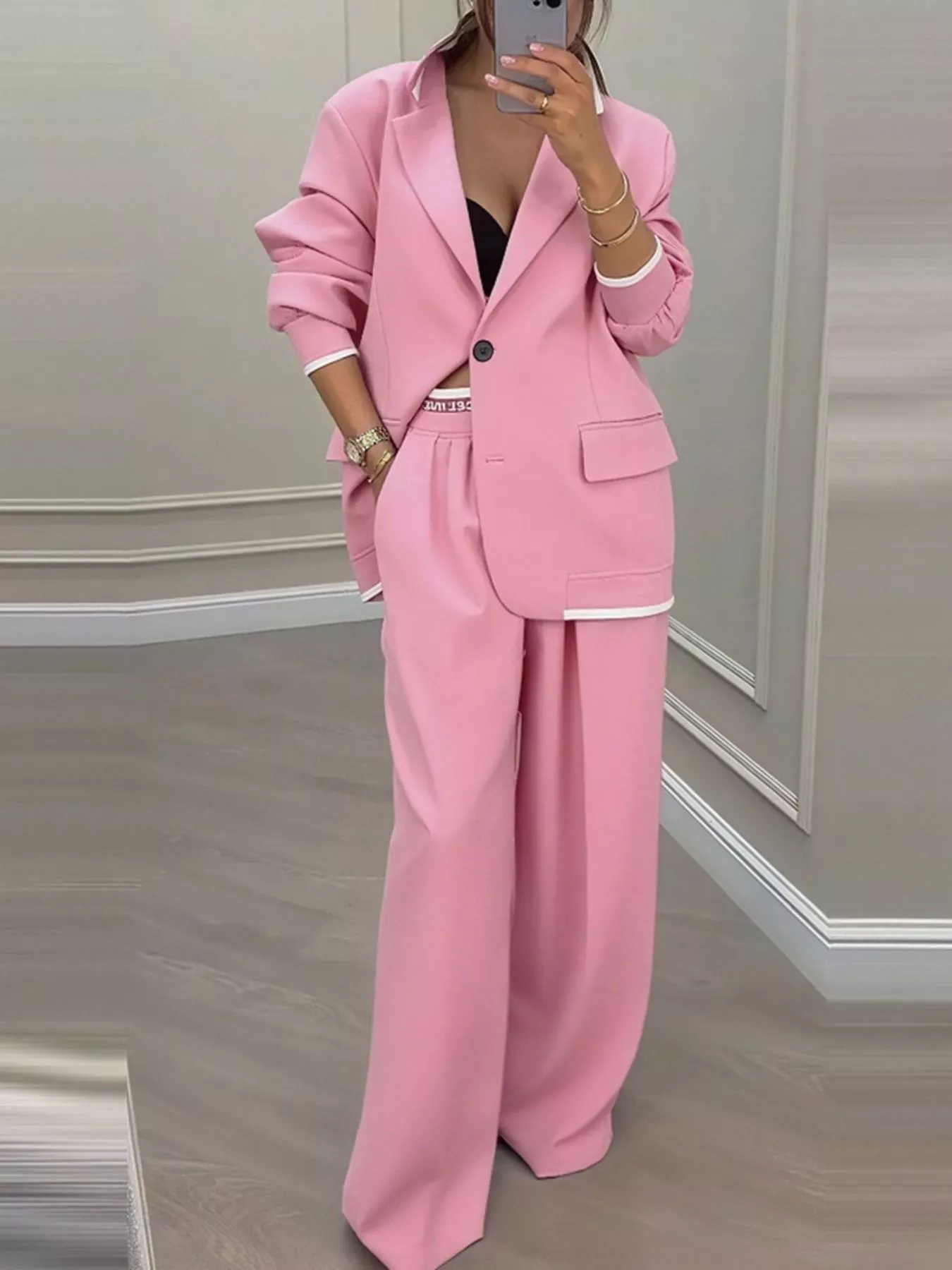 Full Size One Button Blazer & Wide Leg Pants Set Plus Size - Image 10