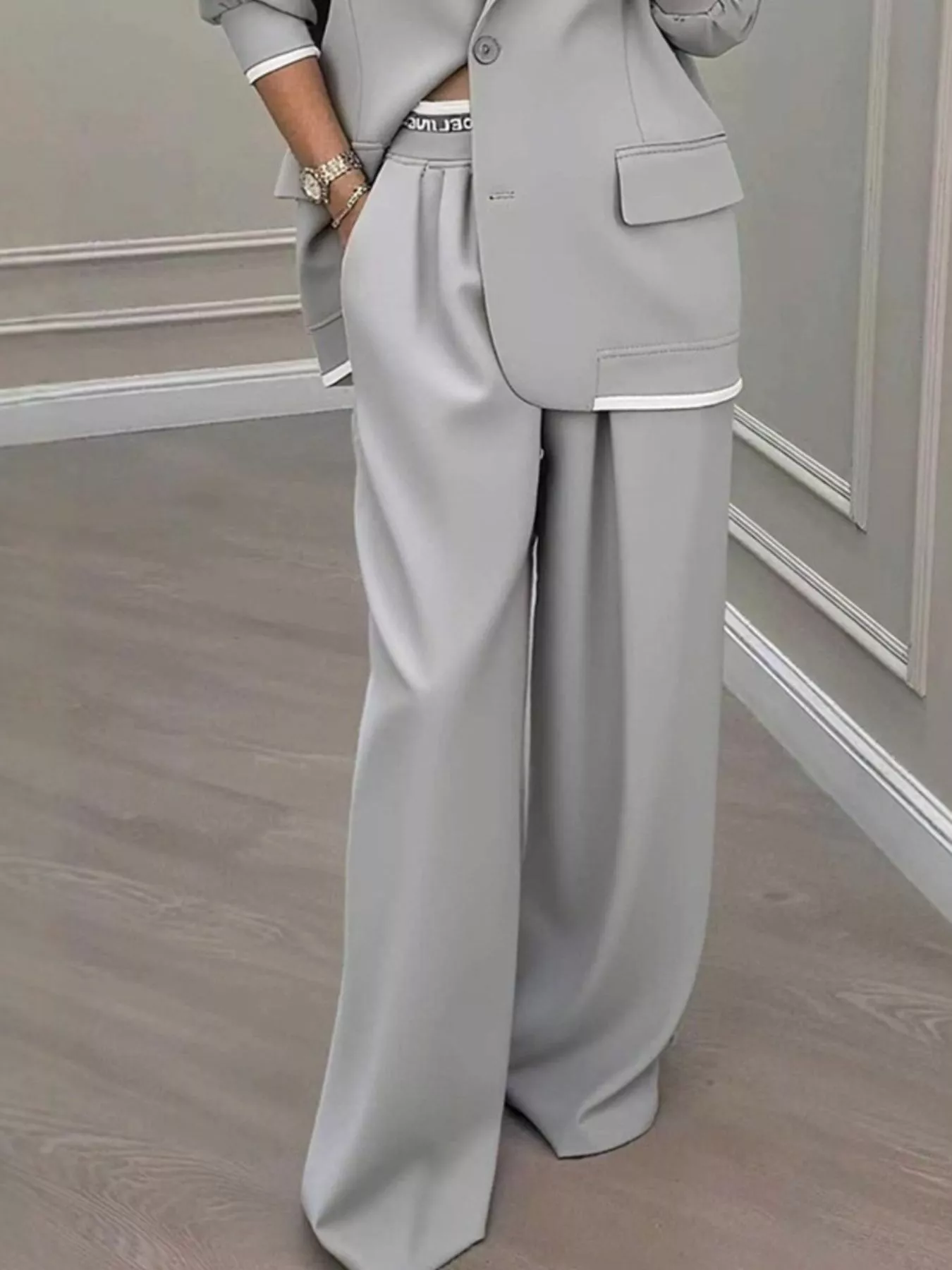 Full Size One Button Blazer & Wide Leg Pants Set Plus Size - Image 12