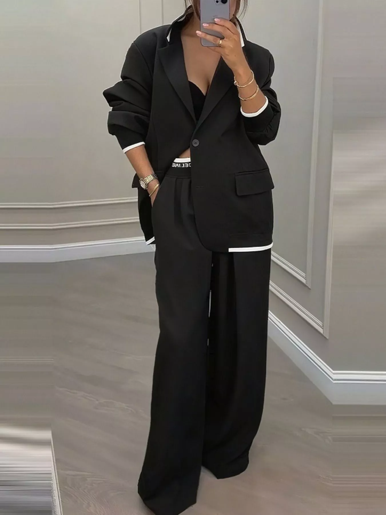 Full Size One Button Blazer & Wide Leg Pants Set Plus Size - Image 5