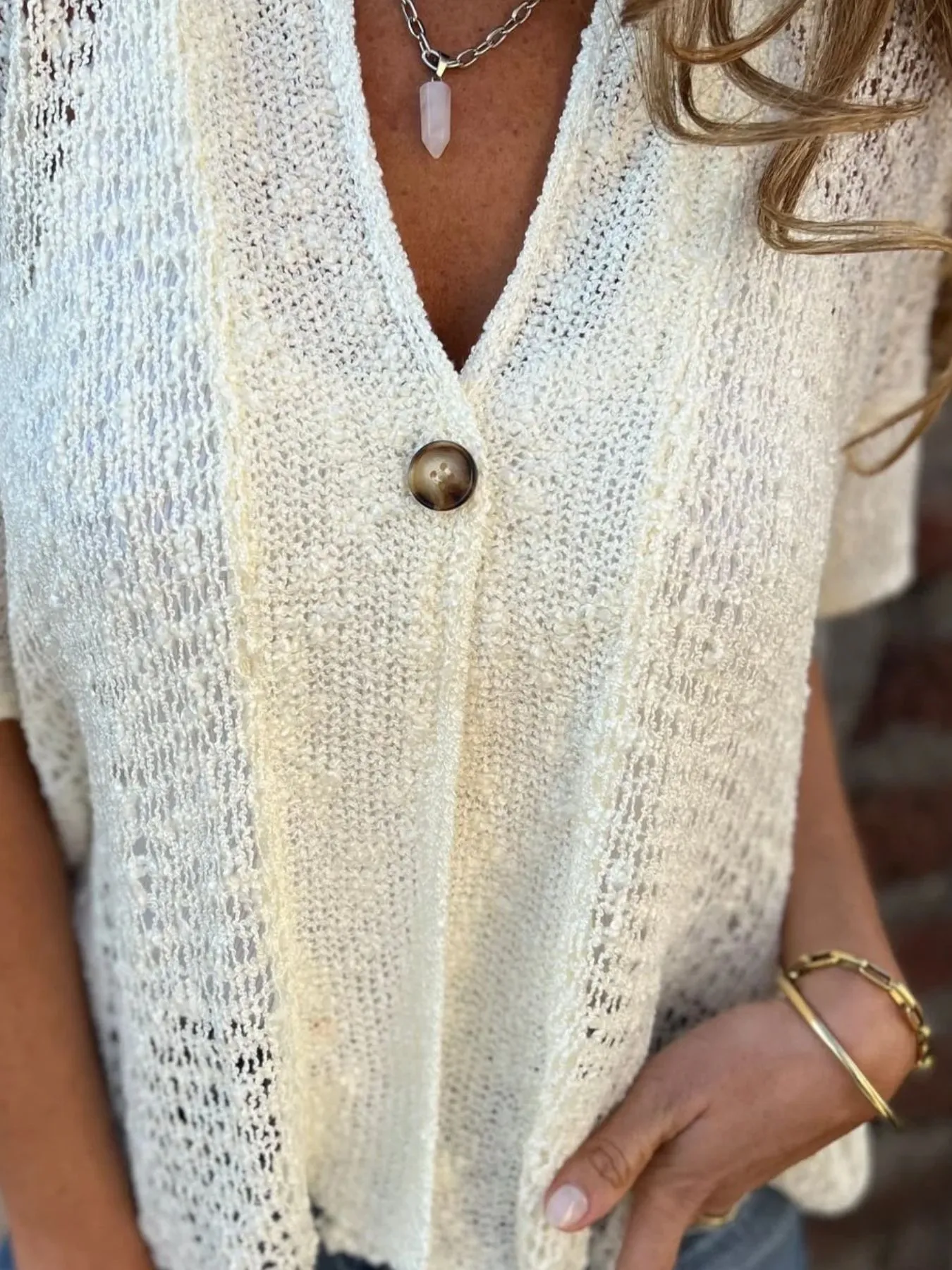 Full Size One Button Openwork Cardigan Plus Size - Image 12