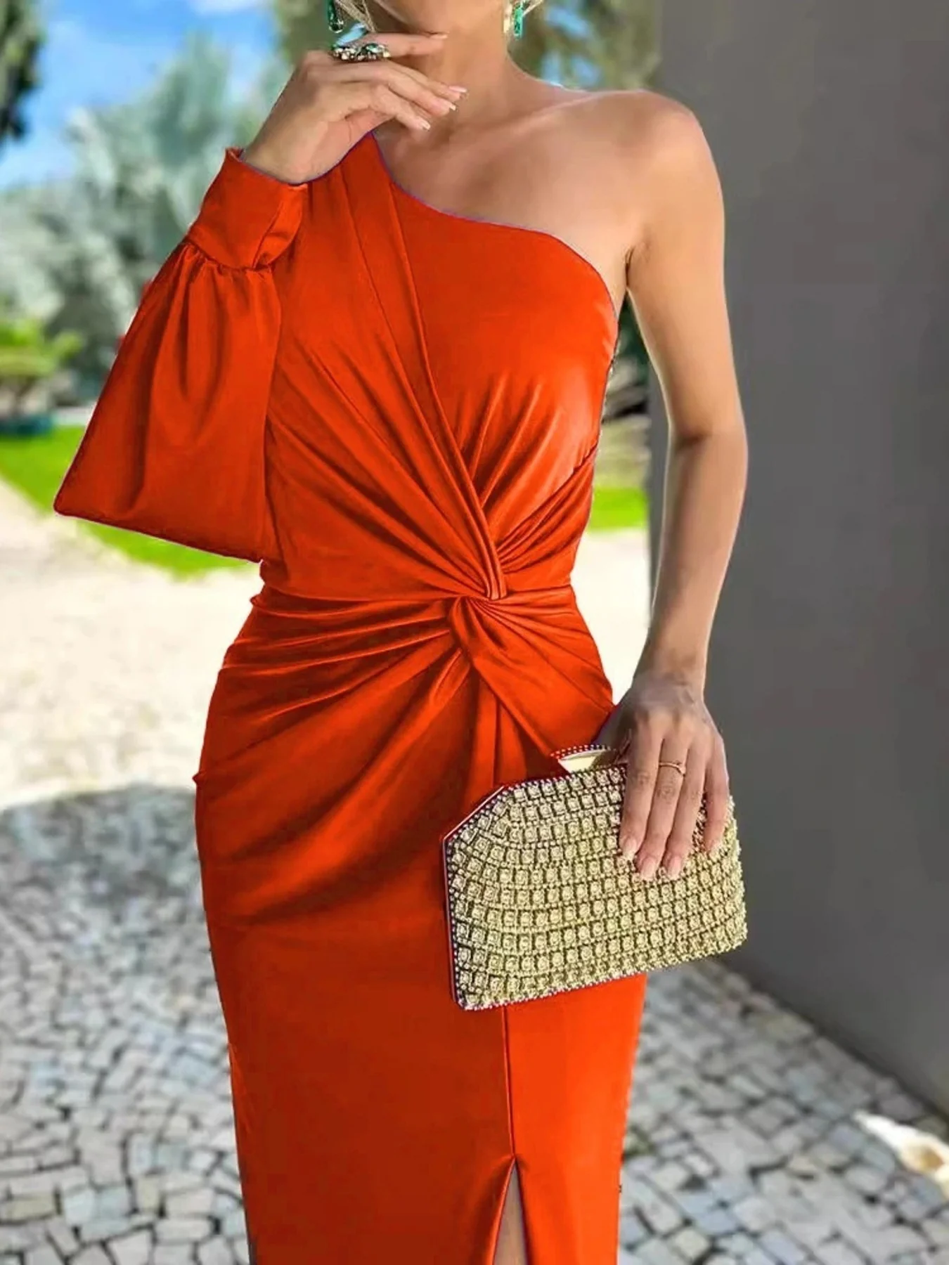 Full Size One-Shoulder Knot Detail Slit Maxi Dress Plus Size - Image 10