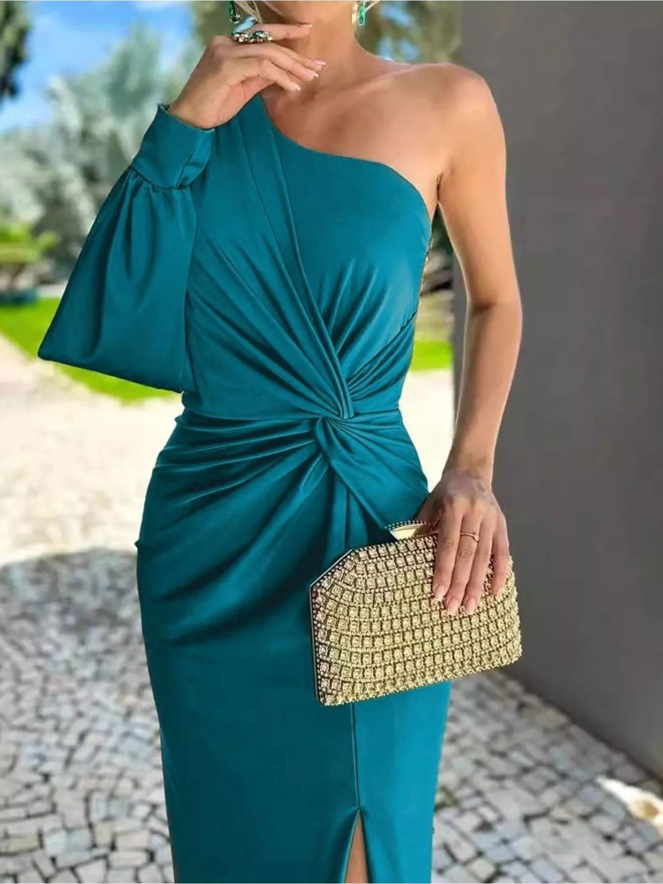 Full Size One-Shoulder Knot Detail Slit Maxi Dress Plus Size - Image 13