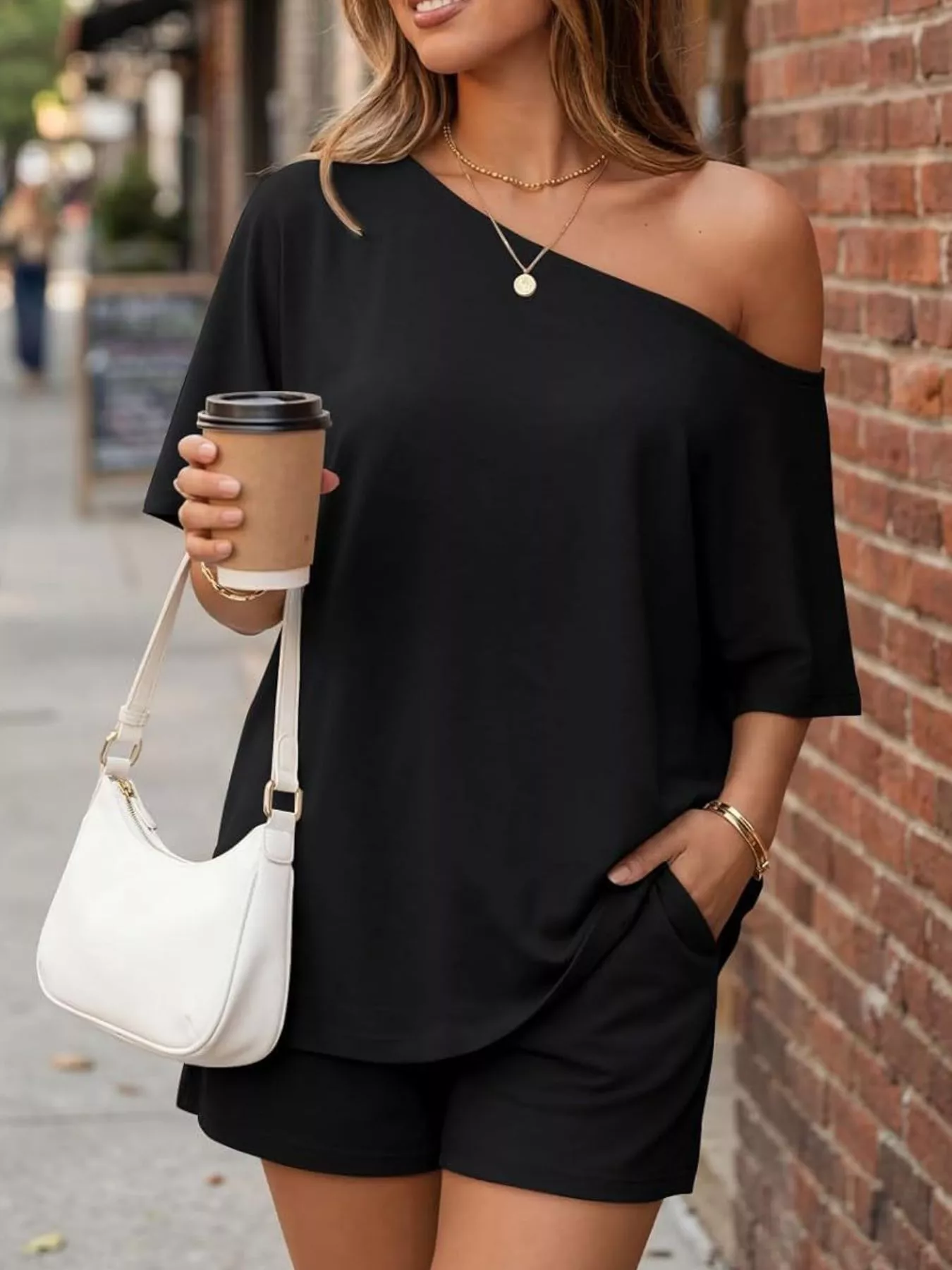 Full Size One Shoulder Top and Shorts Set Plus Size - Image 7