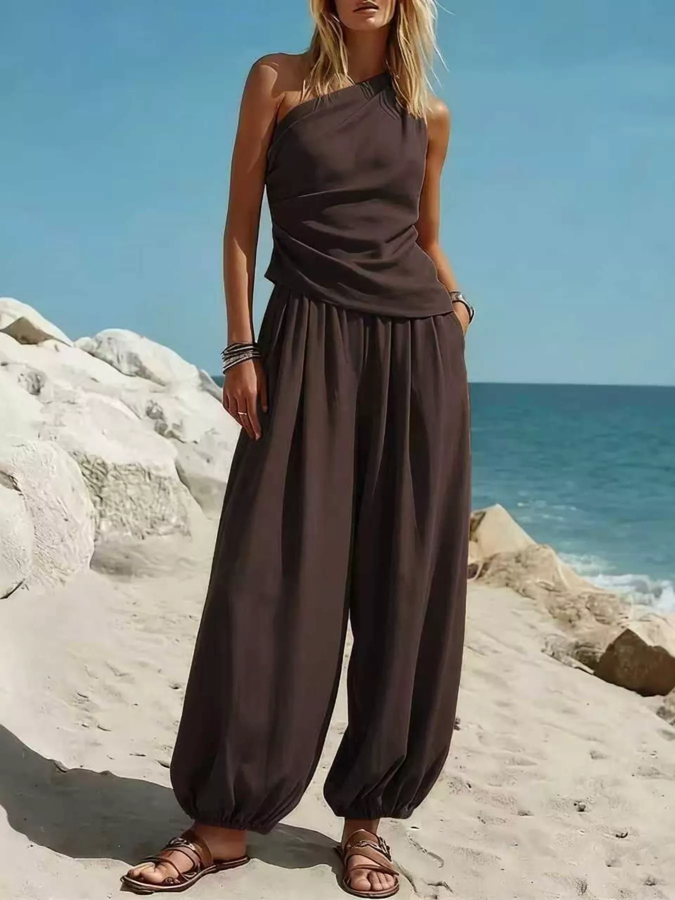 Full Size One-Shoulder Top and Wide-Leg Pants Set Plus Size - Image 3