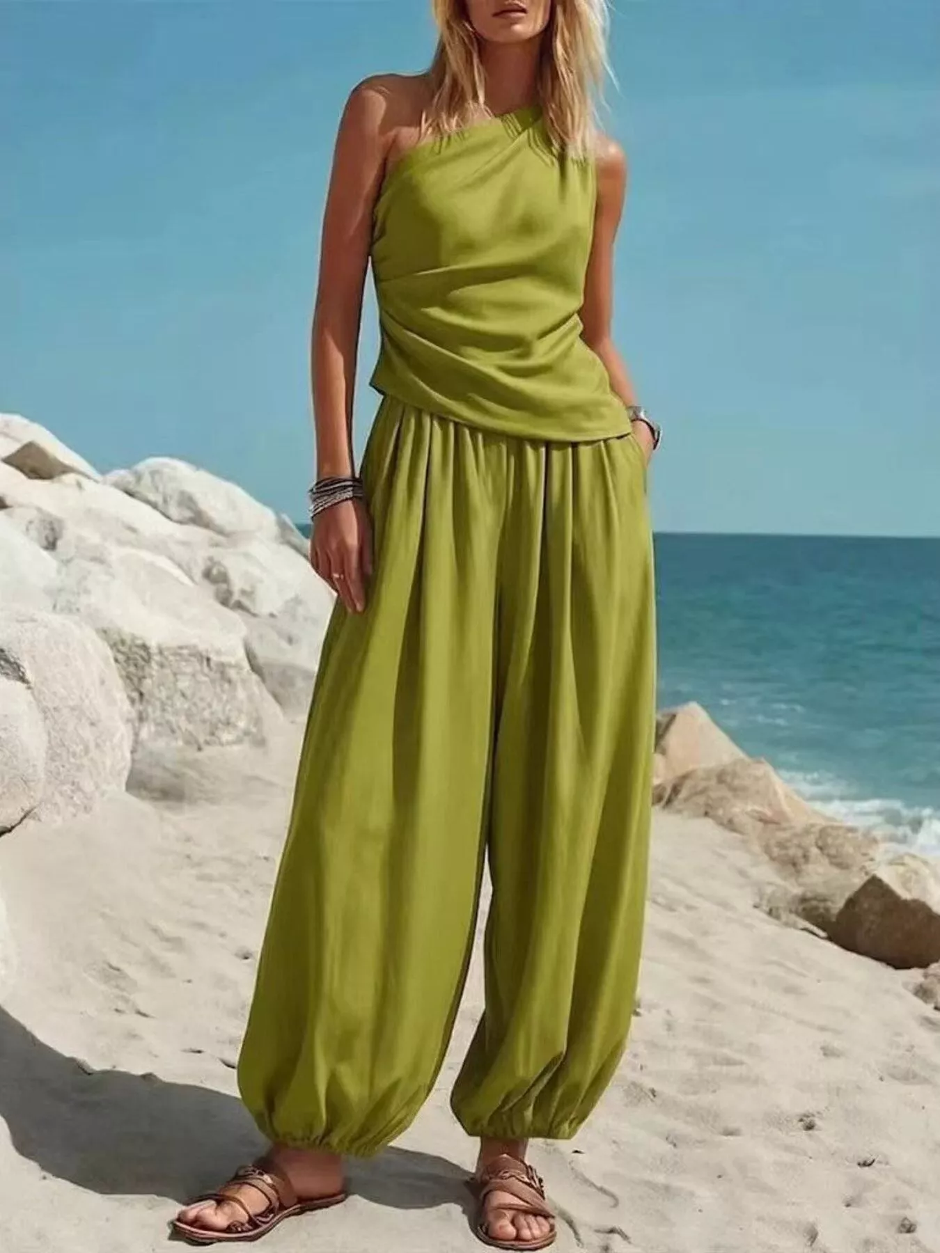 Full Size One-Shoulder Top and Wide Leg Pants Set Plus Size - Image 10