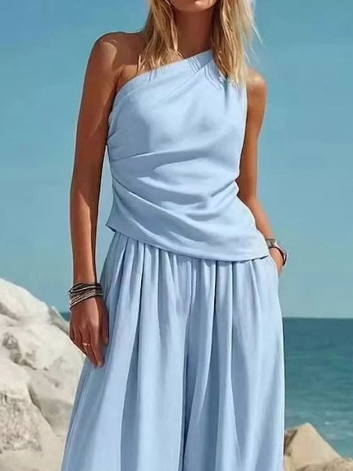 Full Size One-Shoulder Top and Wide Leg Pants Set Plus Size - Image 3