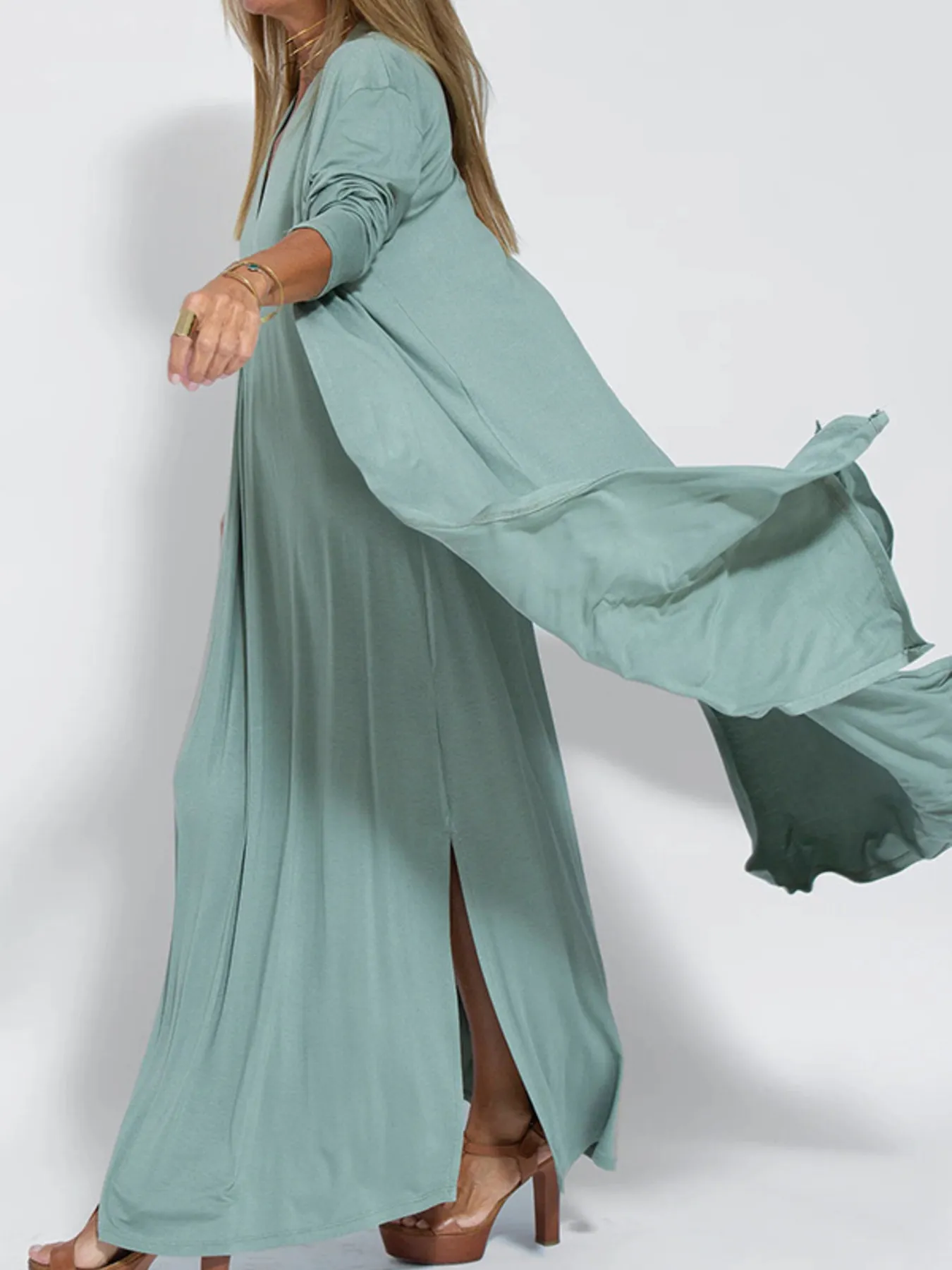 Full Size Open Front Side Slit Longline Cardigan Plus Size - Image 3