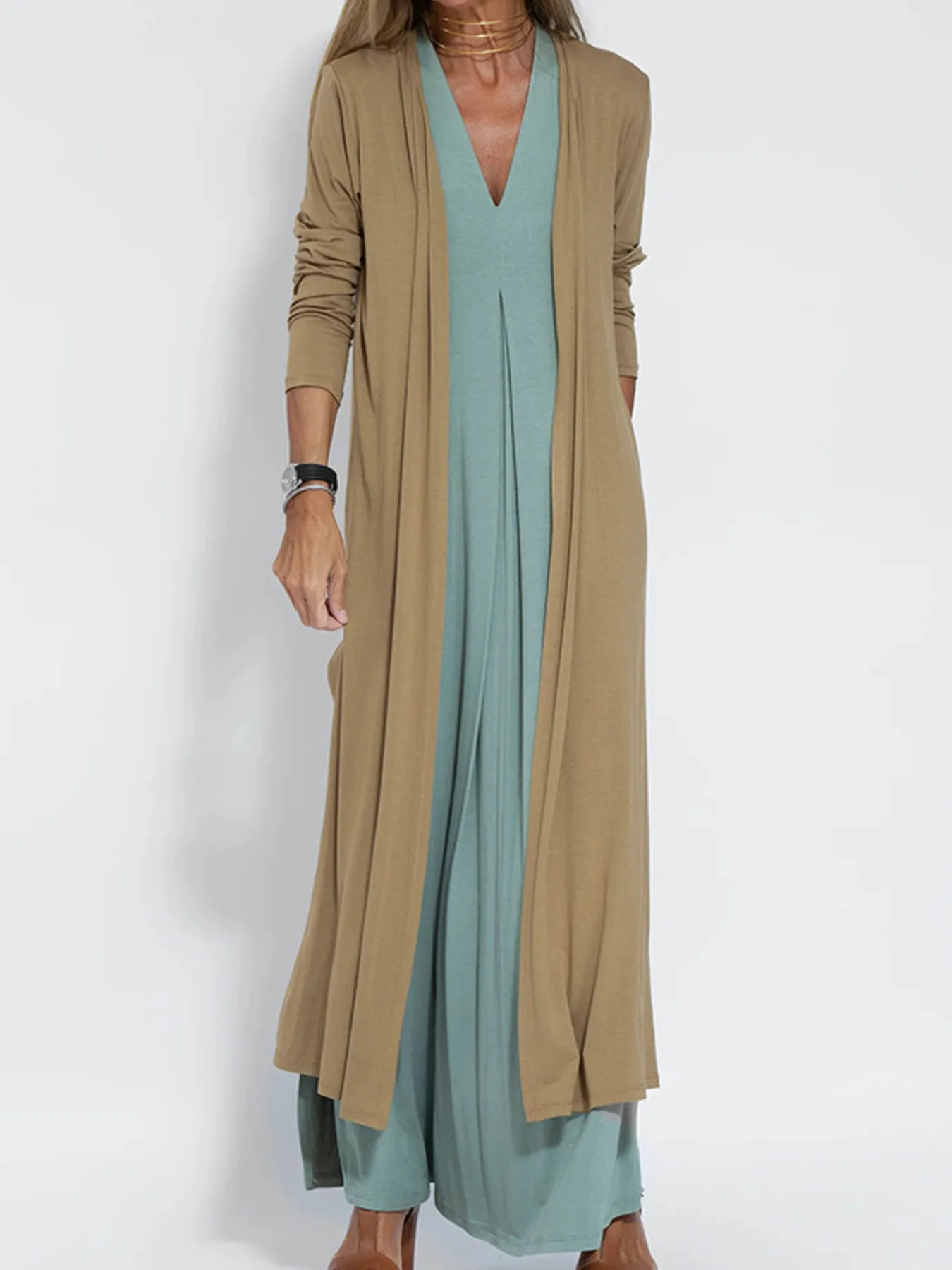 Full Size Open Front Side Slit Longline Cardigan Plus Size - Image 5