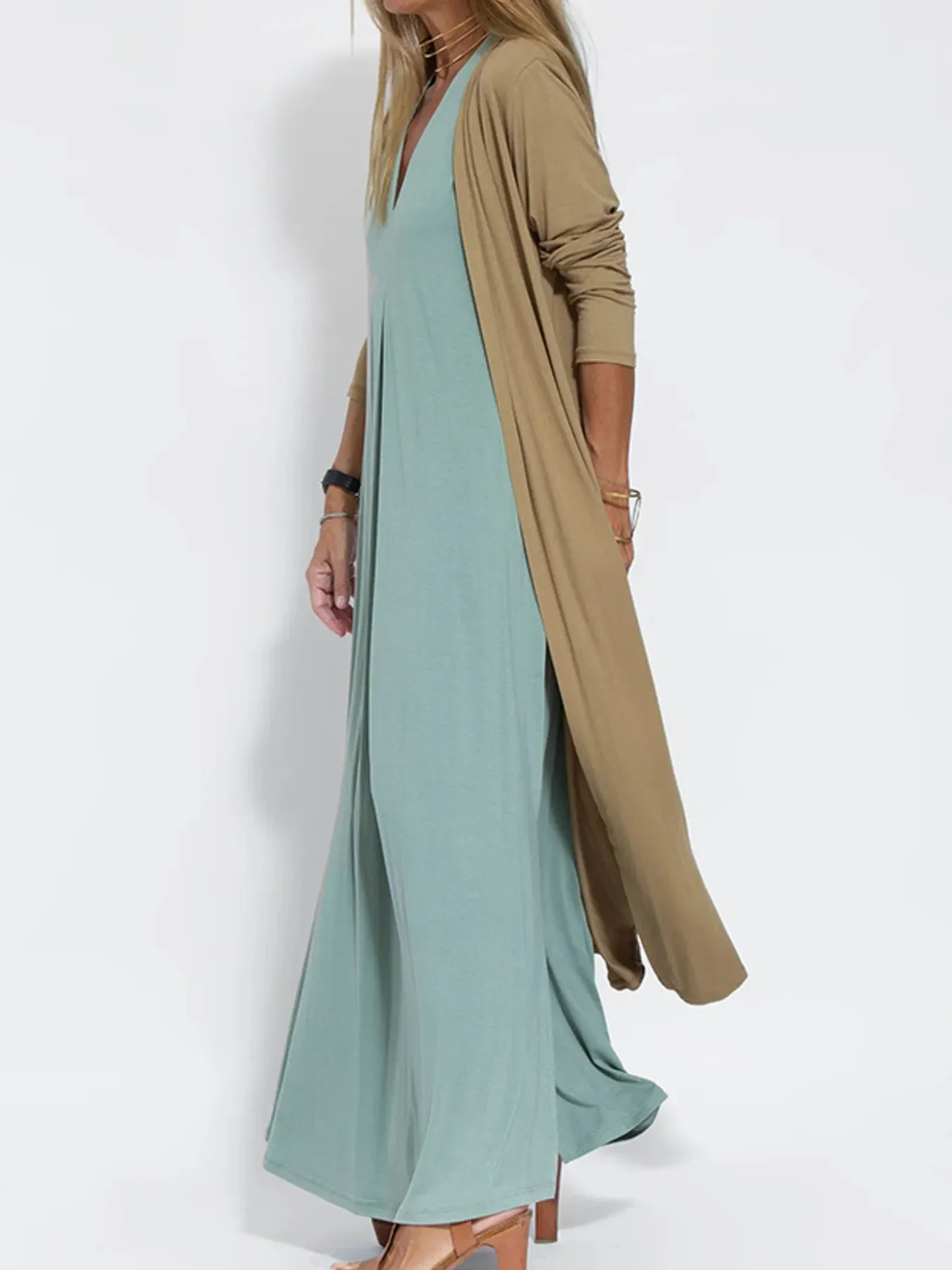 Full Size Open Front Side Slit Longline Cardigan Plus Size - Image 6