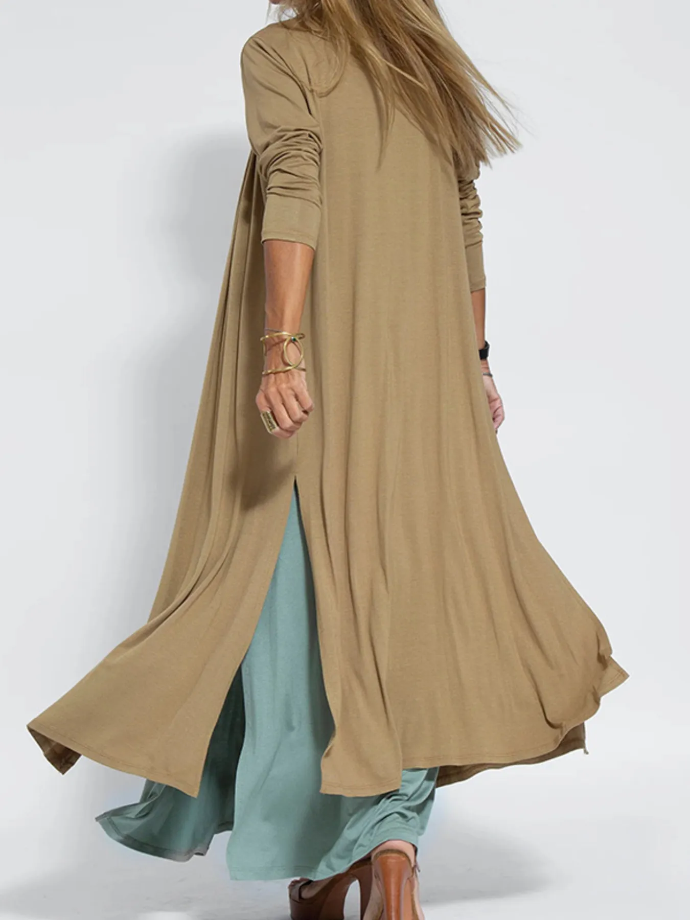 Full Size Open Front Side Slit Longline Cardigan Plus Size - Image 7