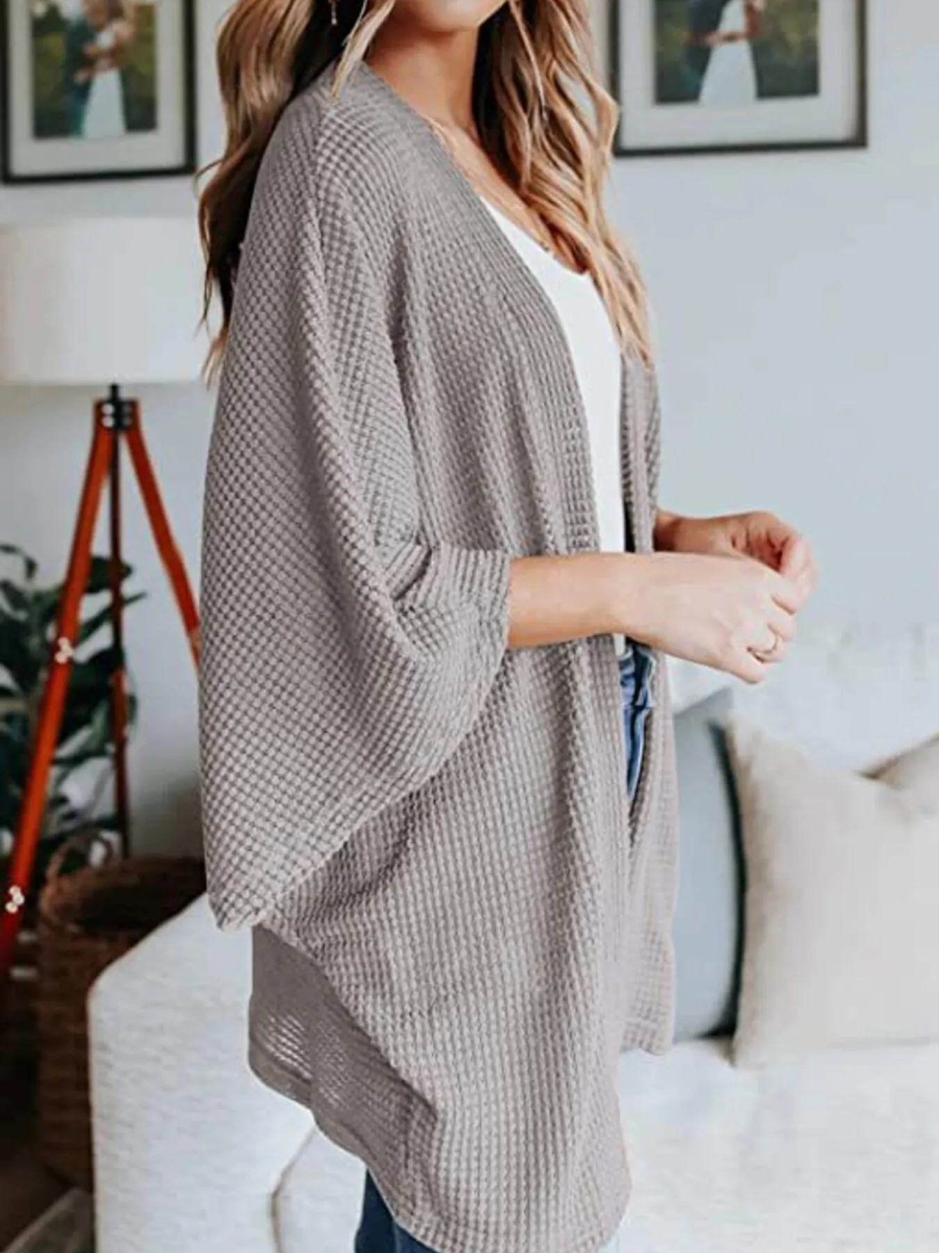 Full Size Open Front Waffle Knit Cardigan Plus Size - Image 25