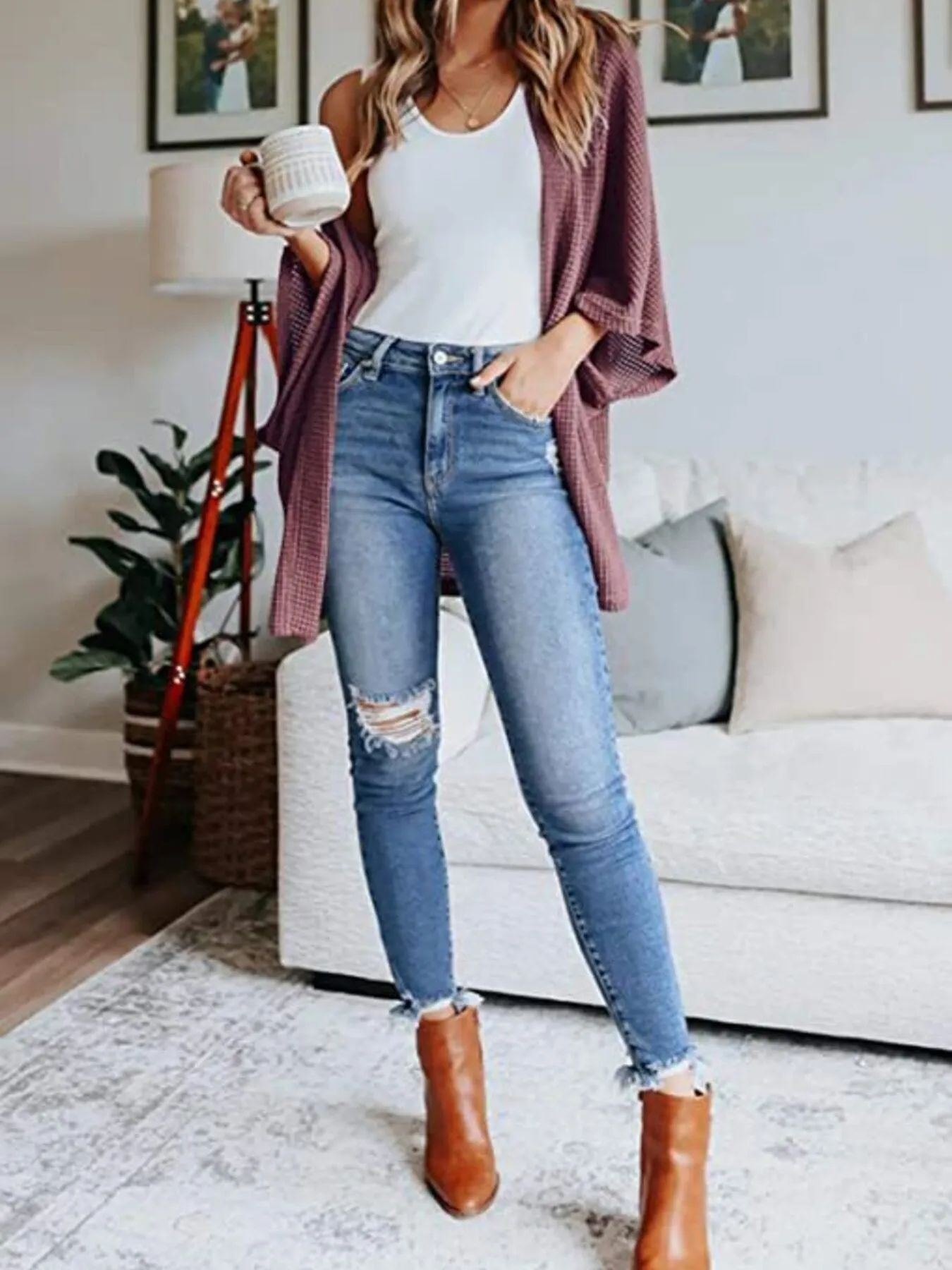 Full Size Open Front Waffle Knit Cardigan Plus Size - Image 36
