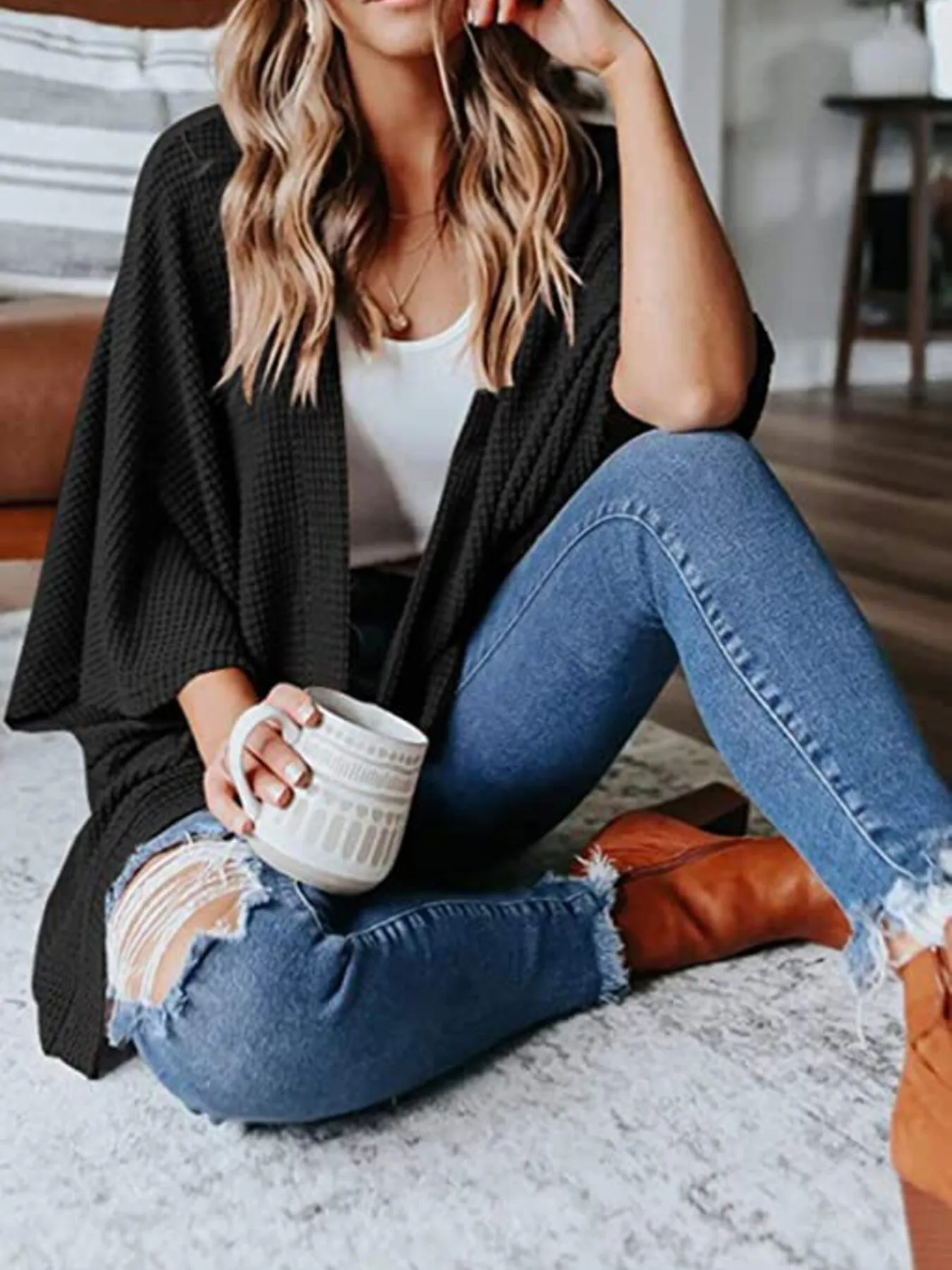 Full Size Open Front Waffle Knit Cardigan Plus Size - Image 9