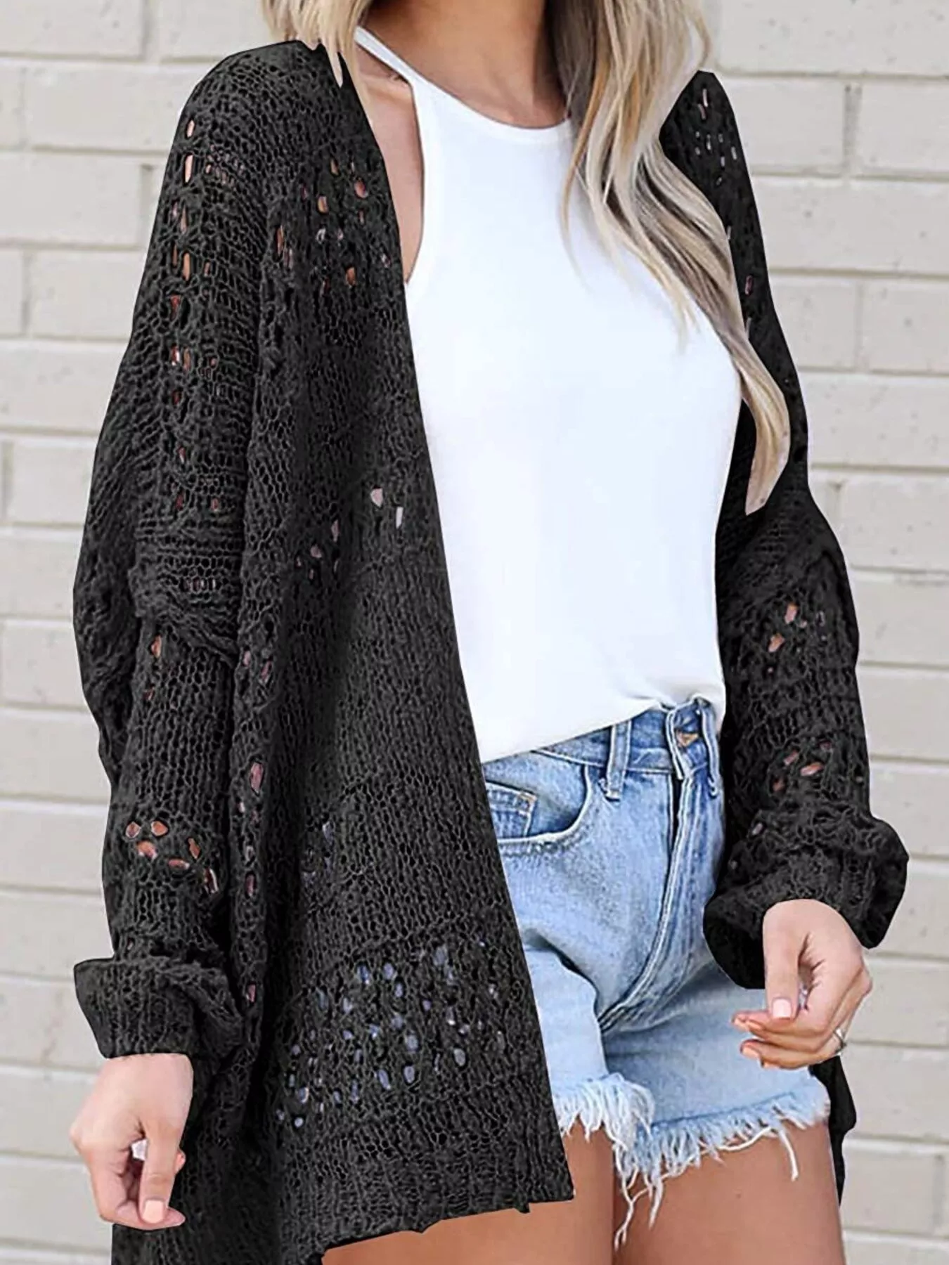 Full Size Openwork Open Front Lightweight Cardigan Plus Size - Image 10