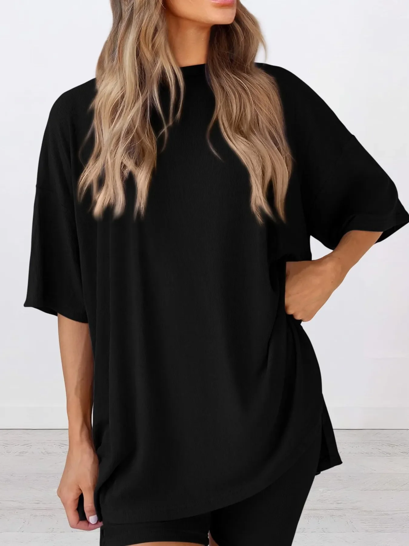 Full Size Oversized Slit Round Neck Top and Shorts Lounge Set Plus Size - Image 13